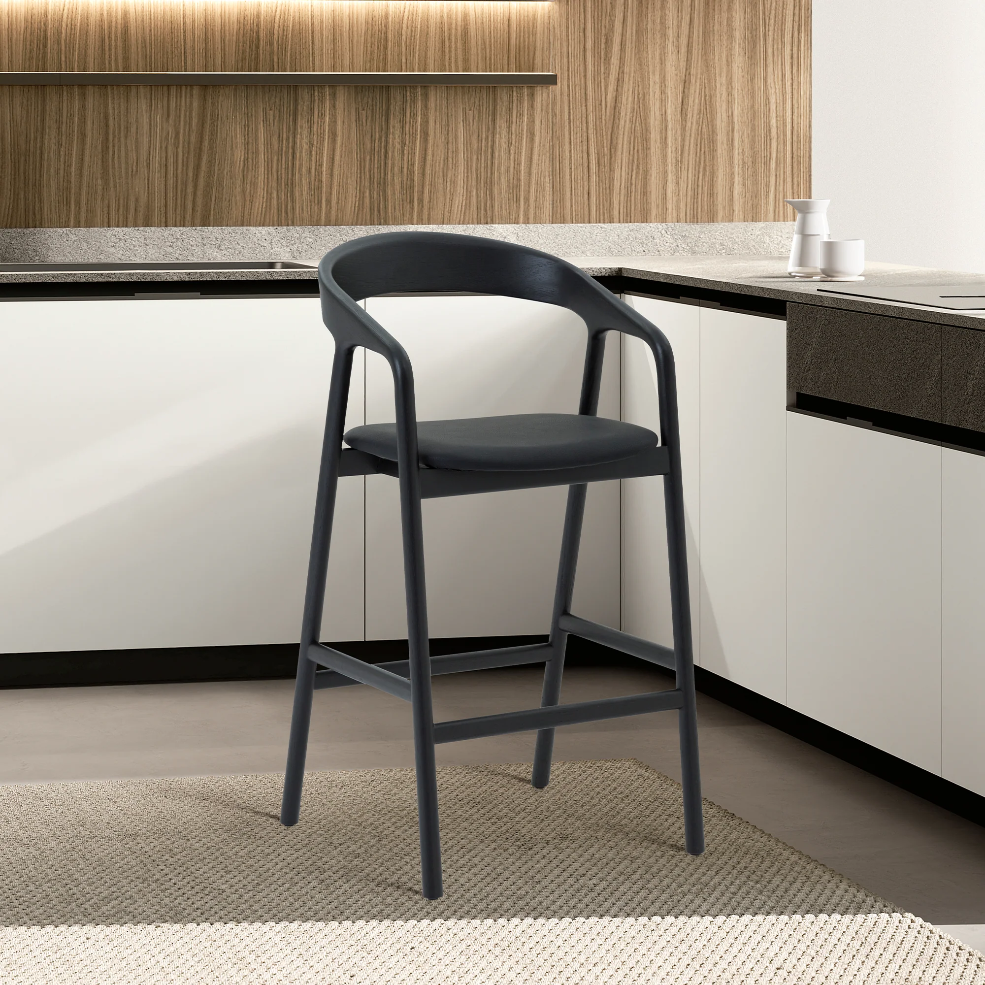 Apache Black Oak Wood and Faux Leather Bar Stool By Armen Living