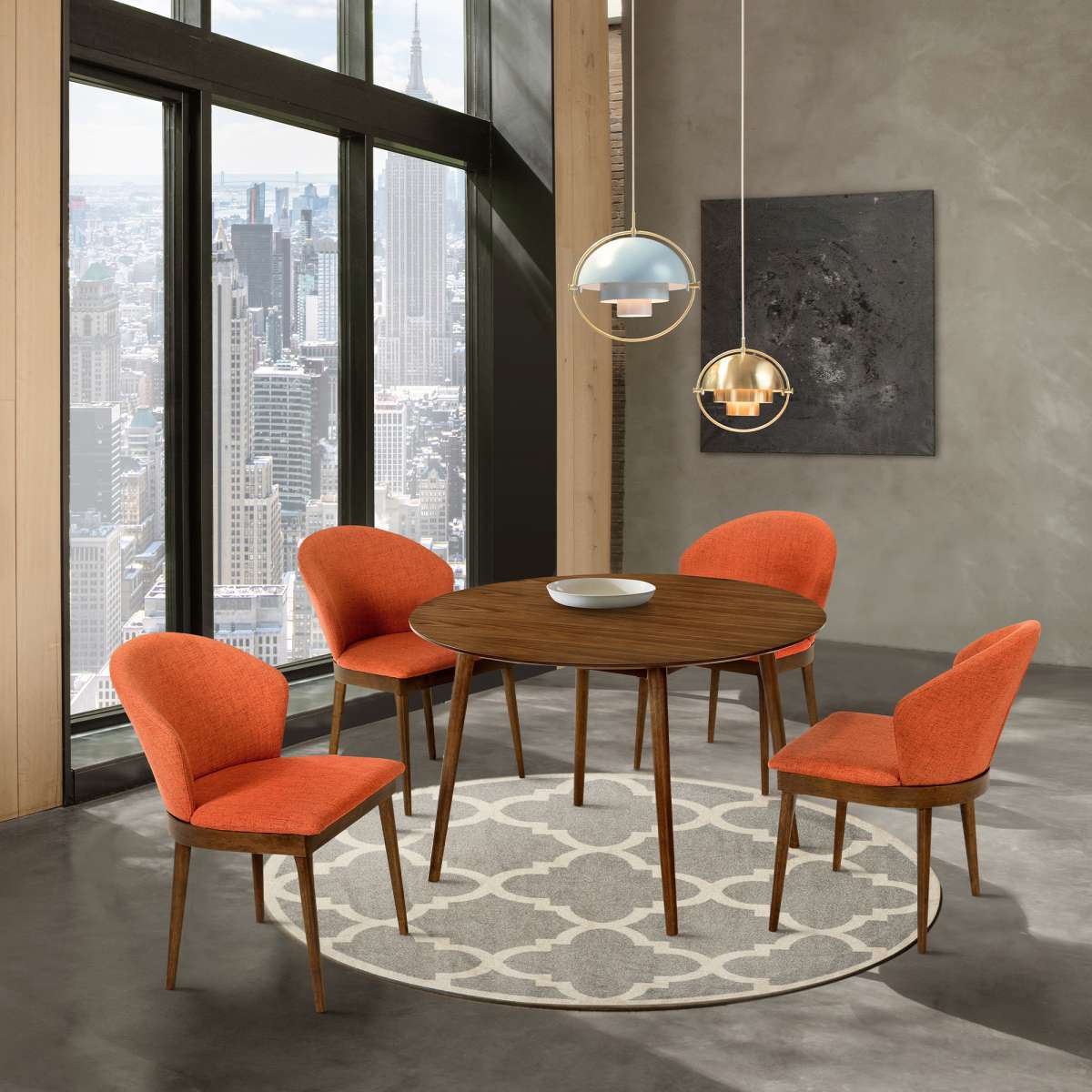 Arcadia and Juno 48" Round Orange and Walnut Wood 5 Piece Dining Set By Armen Living