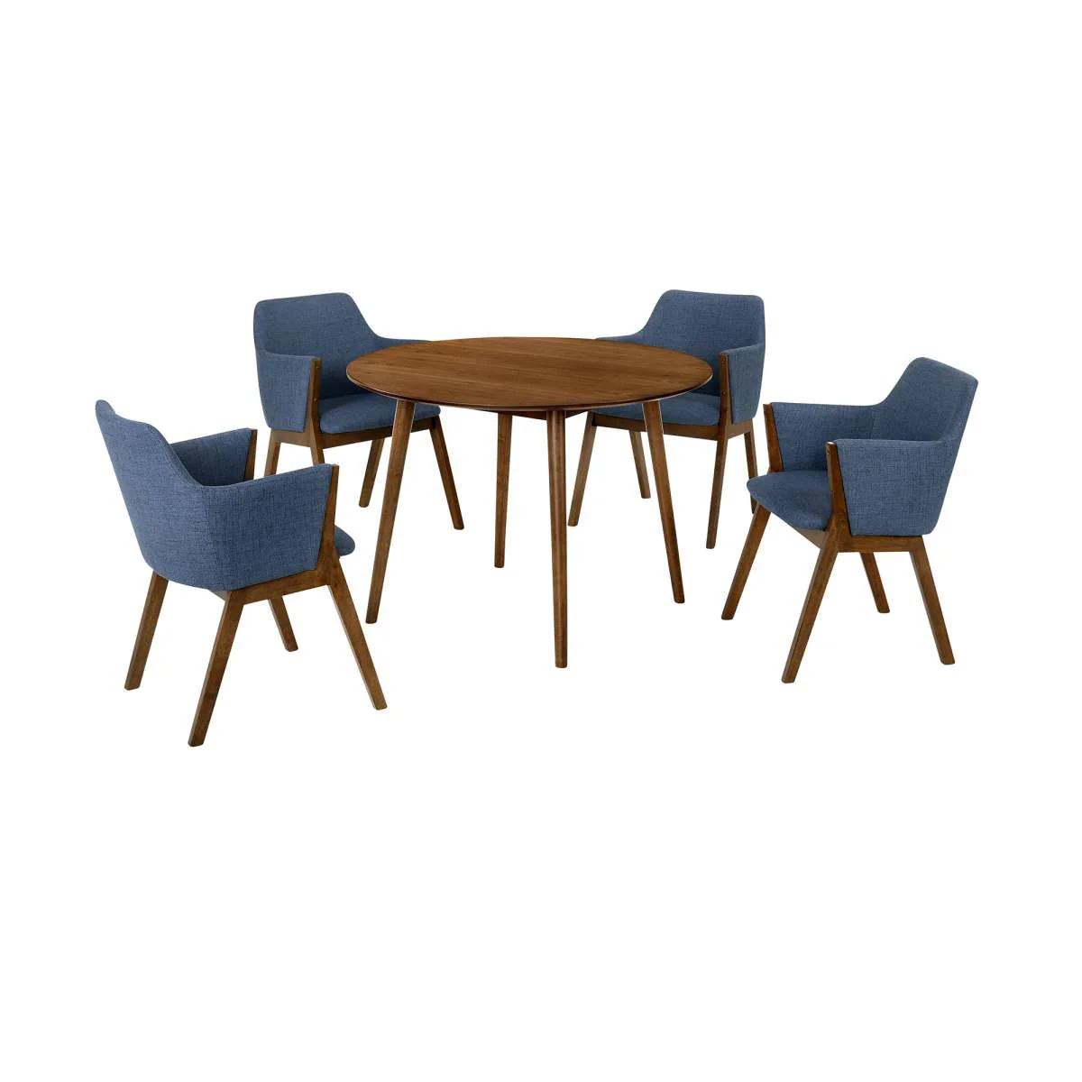 Arcadia and Renzo 42" Round Blue and Walnut Wood 5 Piece Dining Set By Armen Living