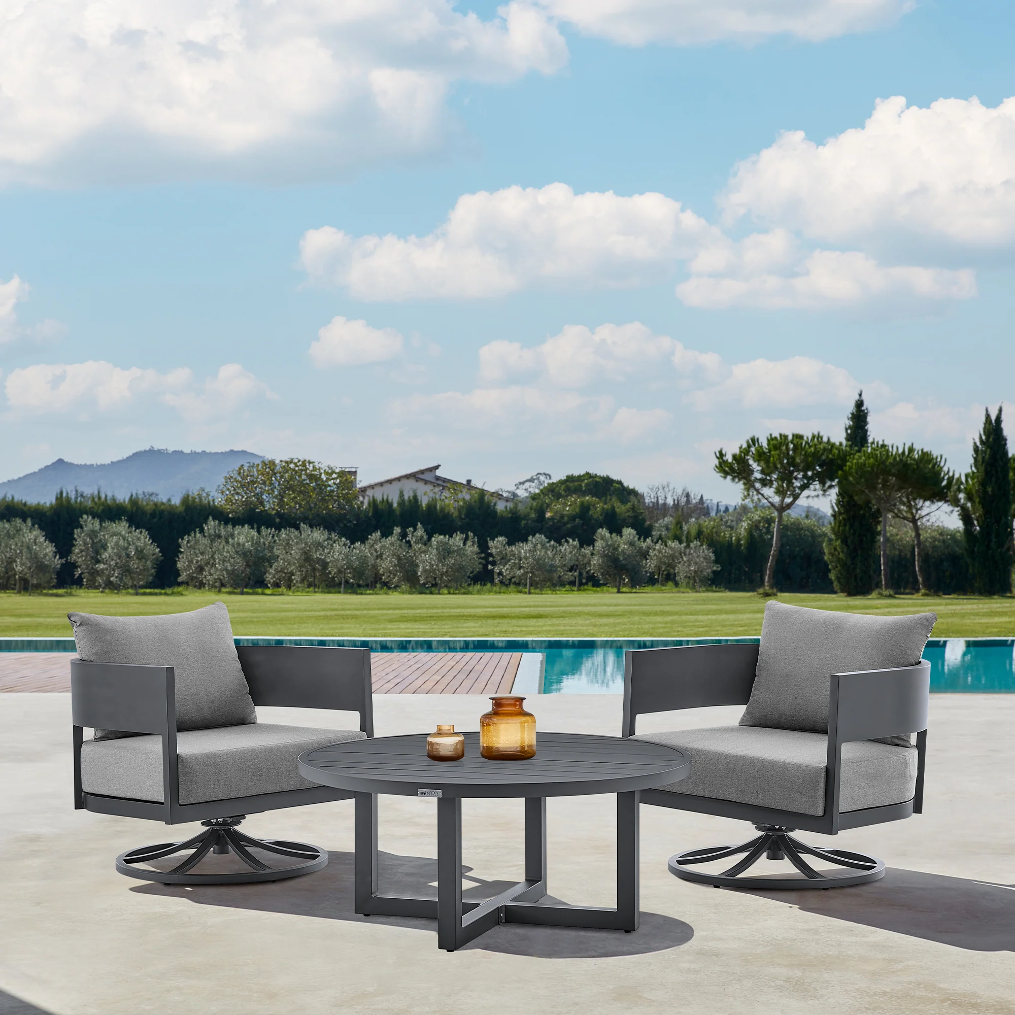 Argiope 3 Piece Patio Outdoor Swivel Seating Set in Dark Grey Aluminum with Grey Cushions By Armen Living