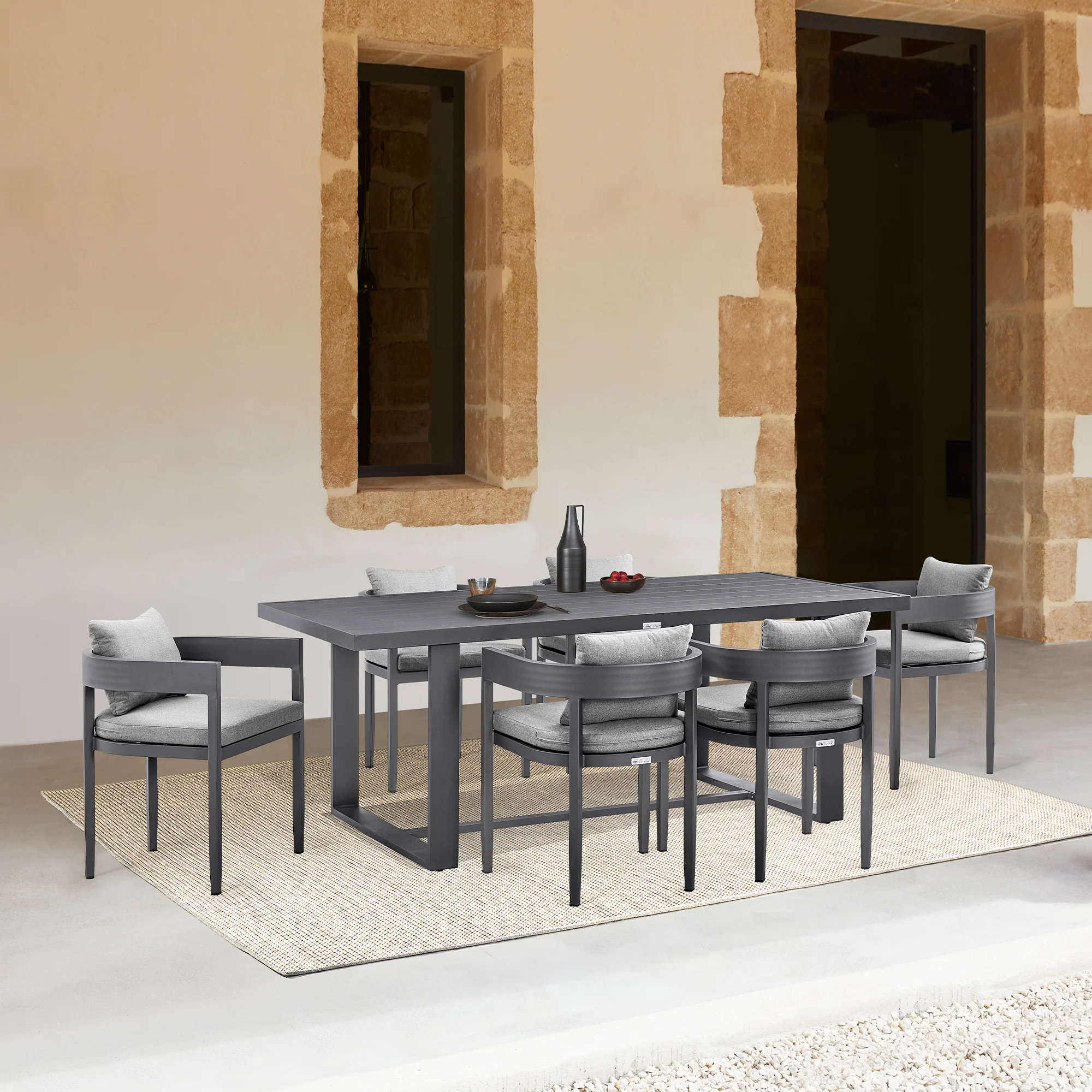 Argiope Outdoor Patio 7-Piece Dining Table Set in Aluminum with Grey Cushions By Armen Living