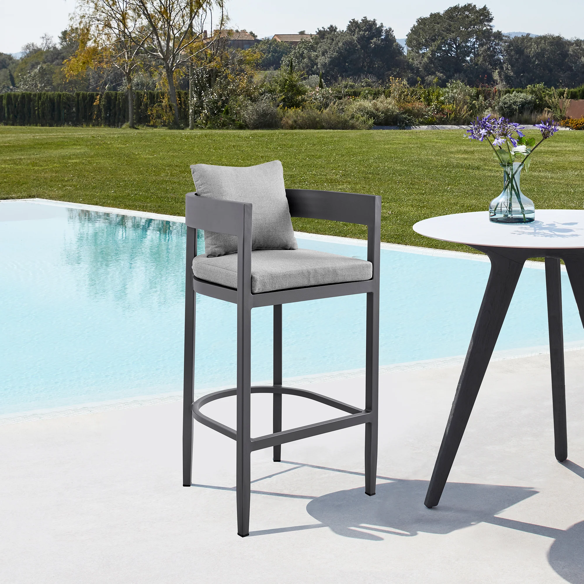 Argiope Outdoor Patio Bar Stool in Aluminum with Grey Cushions By Armen Living