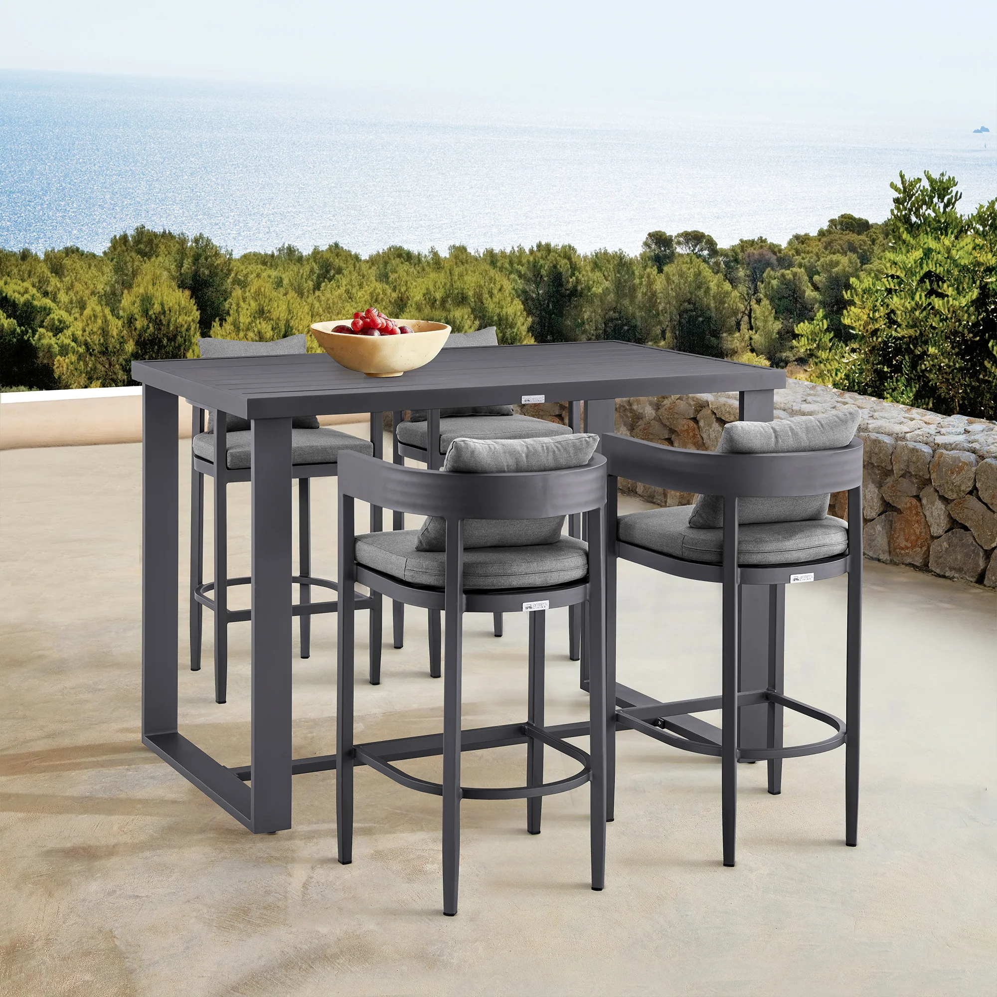 Argiope Outdoor Patio Bar Stool in Aluminum with Grey Cushions By Armen Living - Image 3
