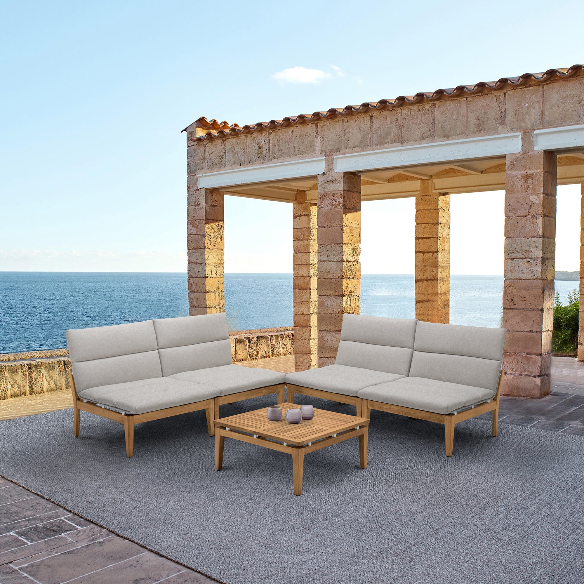 Arno Outdoor 5 Piece Teak Wood Seating Set in Beige Olefin By Armen Living