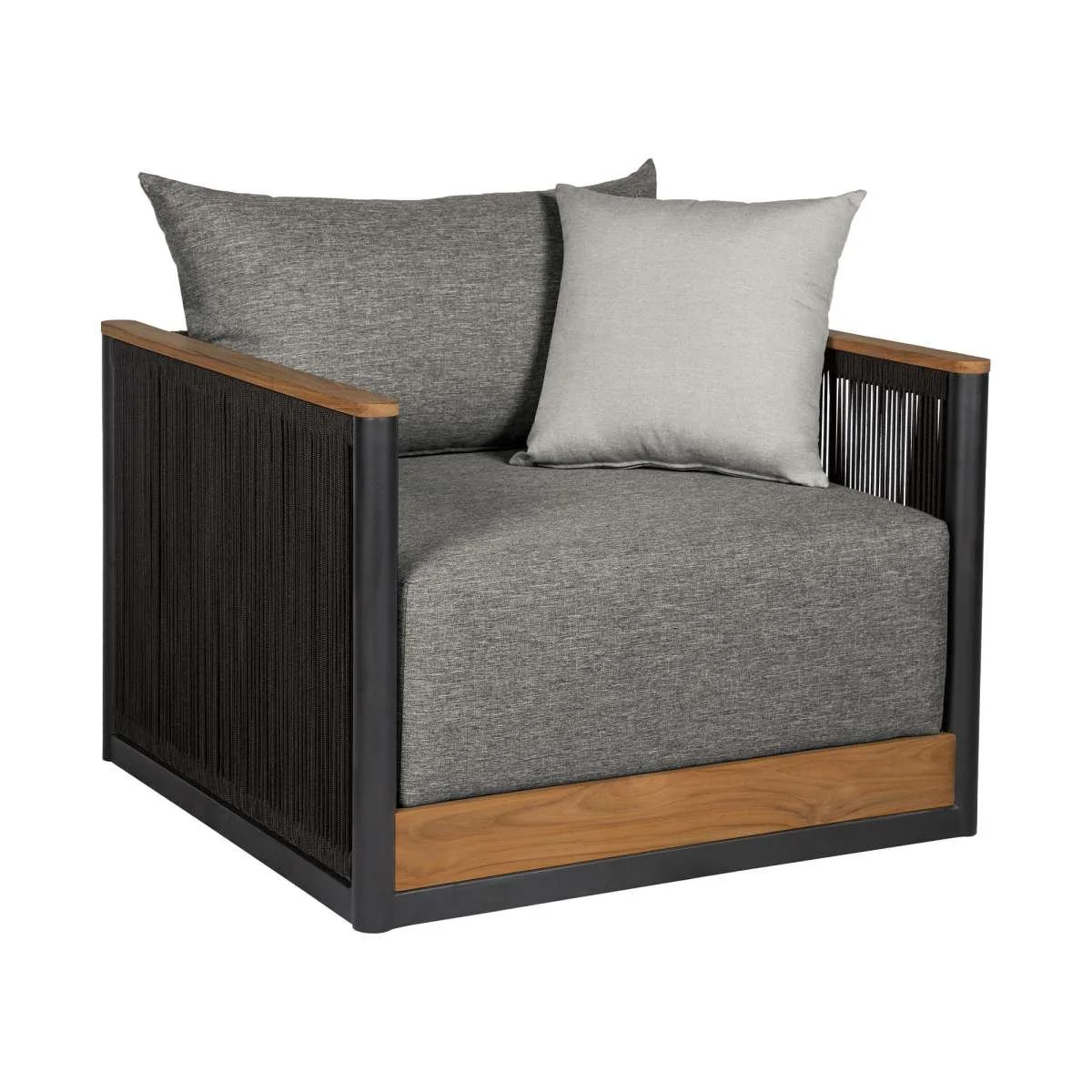 Artesia Outdoor Patio 4 Piece Conversation Set in Teak Wood and Black Rope with Dark Gray Olefin Cushions By Armen Living - Image 4