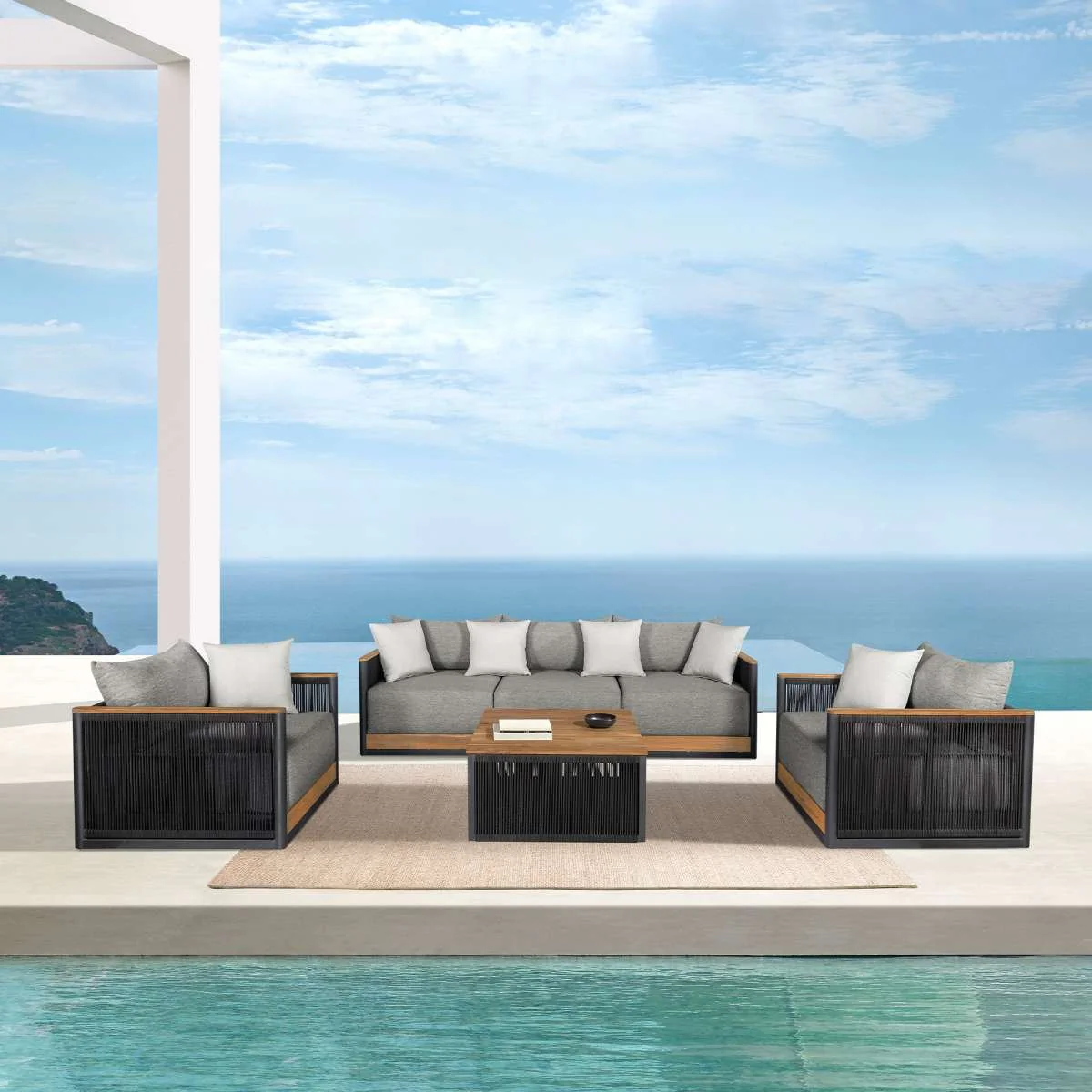 Artesia Outdoor Patio Chair in Teak Wood and Black Rope with Dark Gray Olefin Cushions By Armen Living - Image 2