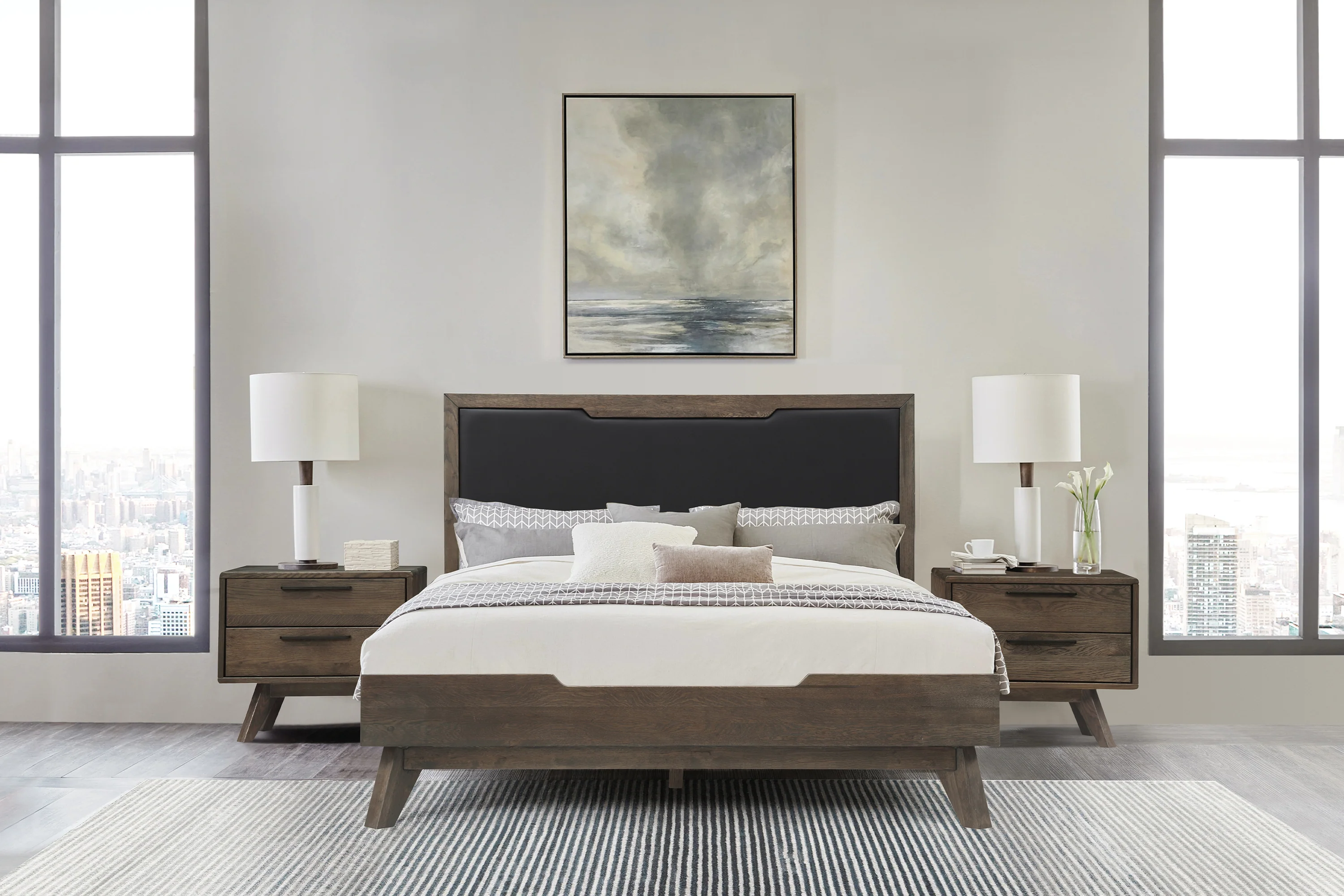 Astoria 3 Piece Queen Bedroom Set in Oak with Black Faux Leather By Armen Living
