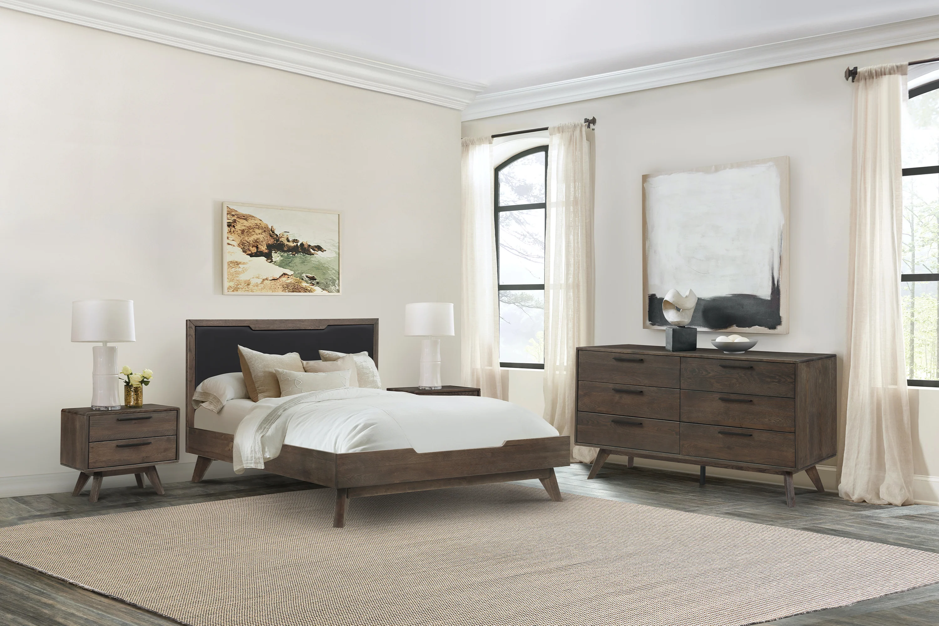 Astoria 4 Piece Queen Bedroom Set in Oak with Black Faux Leather By Armen Living