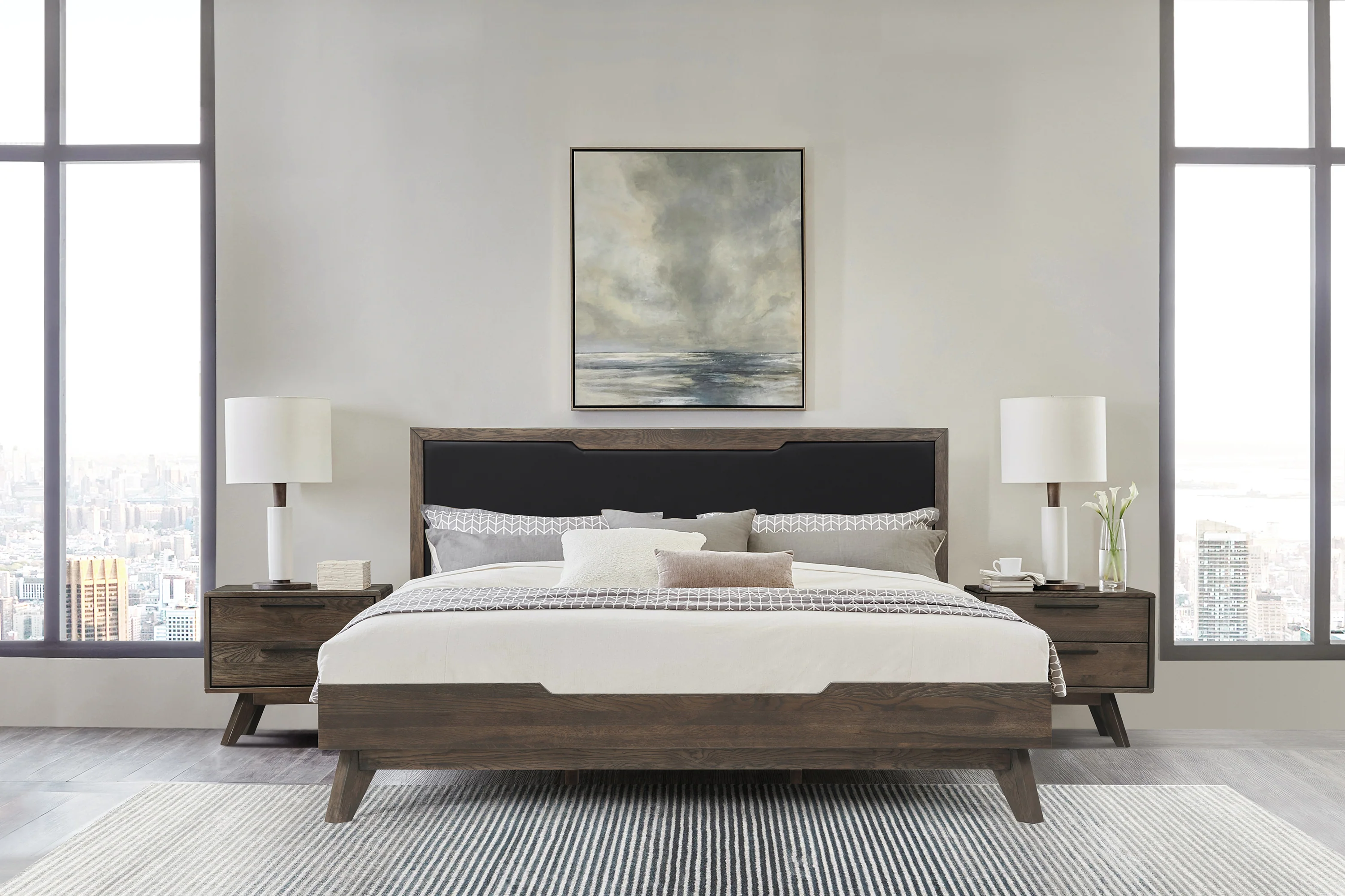 Astoria King Platform Bed Frame in Oak with Black Faux Leather By Armen Living