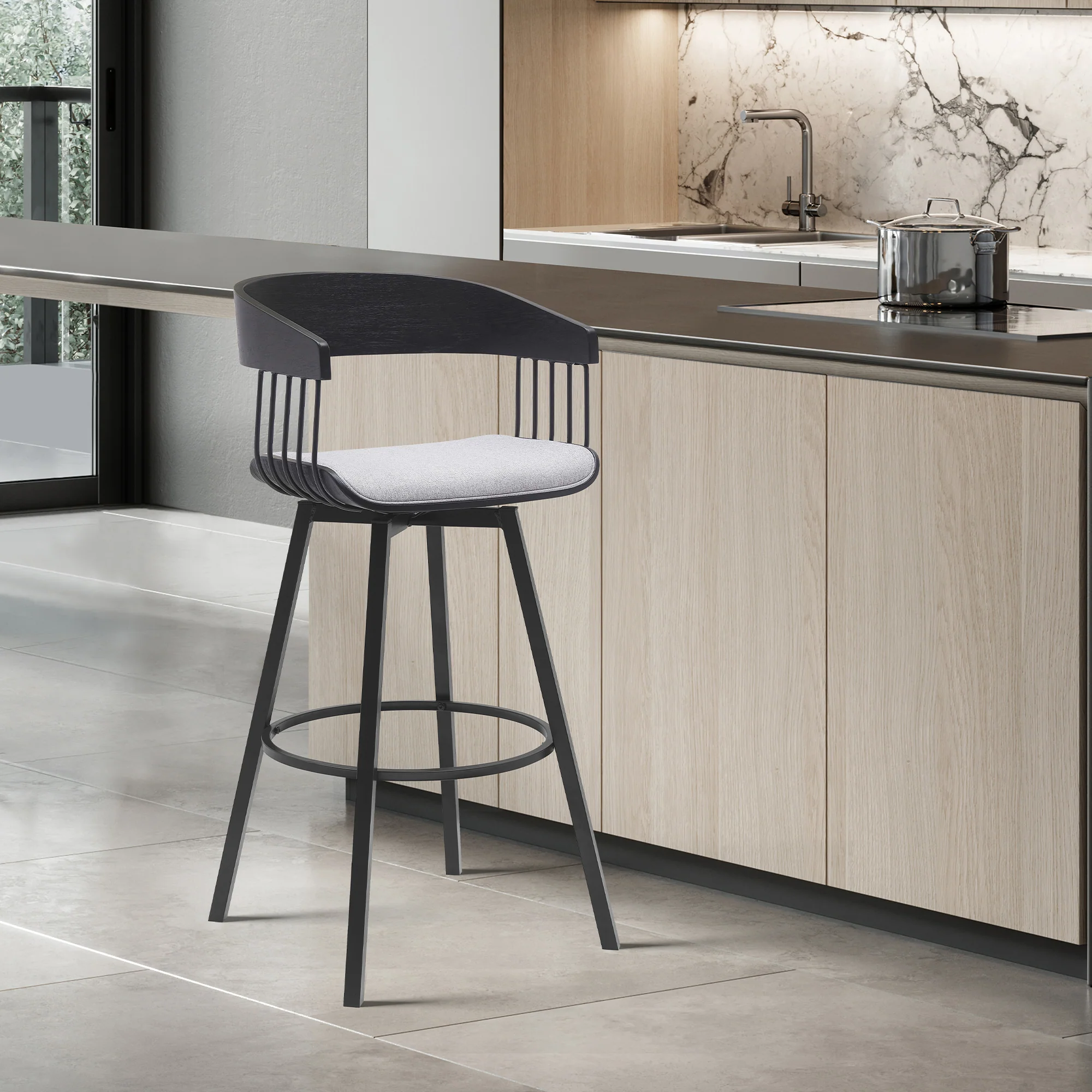 Athena 27" Swivel Black Wood Counter Stool in Light Gray Fabric with Black Metal By Armen Living