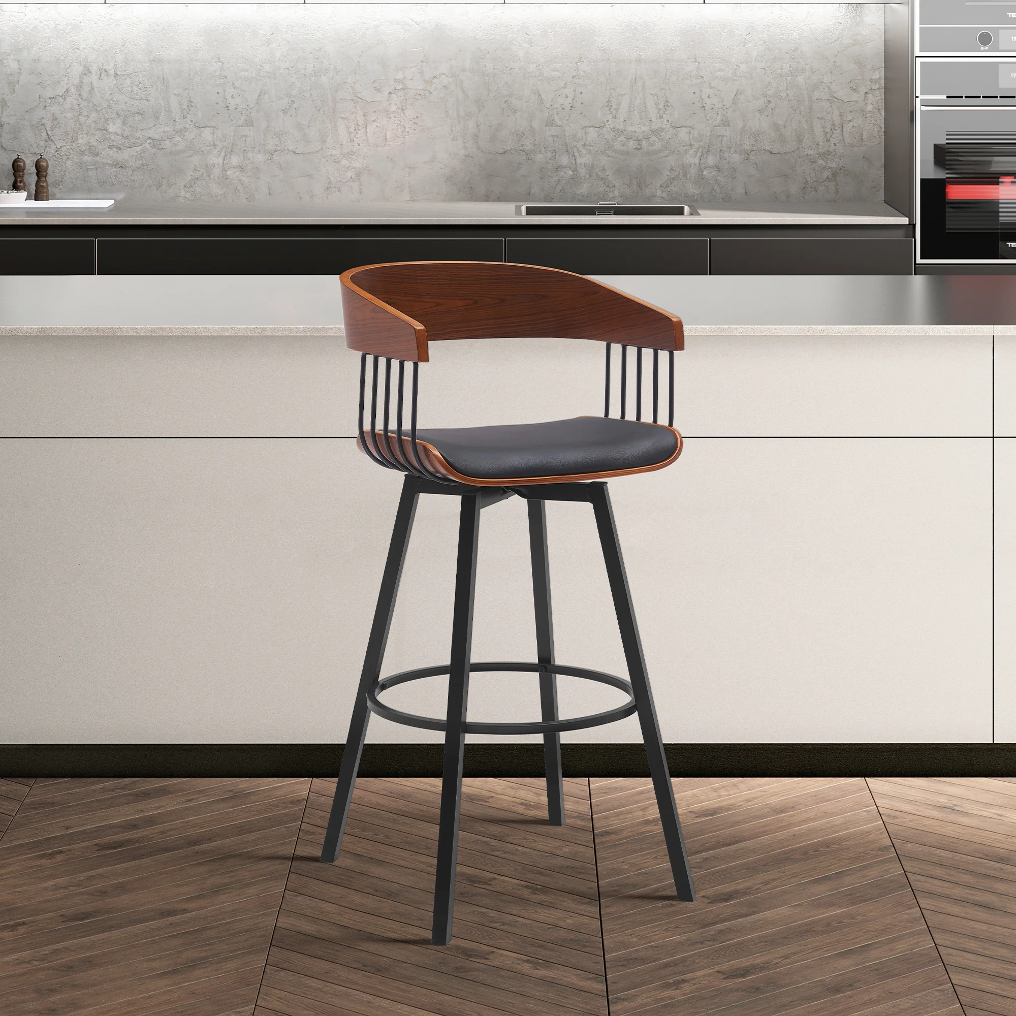 Athena 27" Swivel Walnut Wood Counter Stool in Black Faux Leather with Black Metal By Armen Living