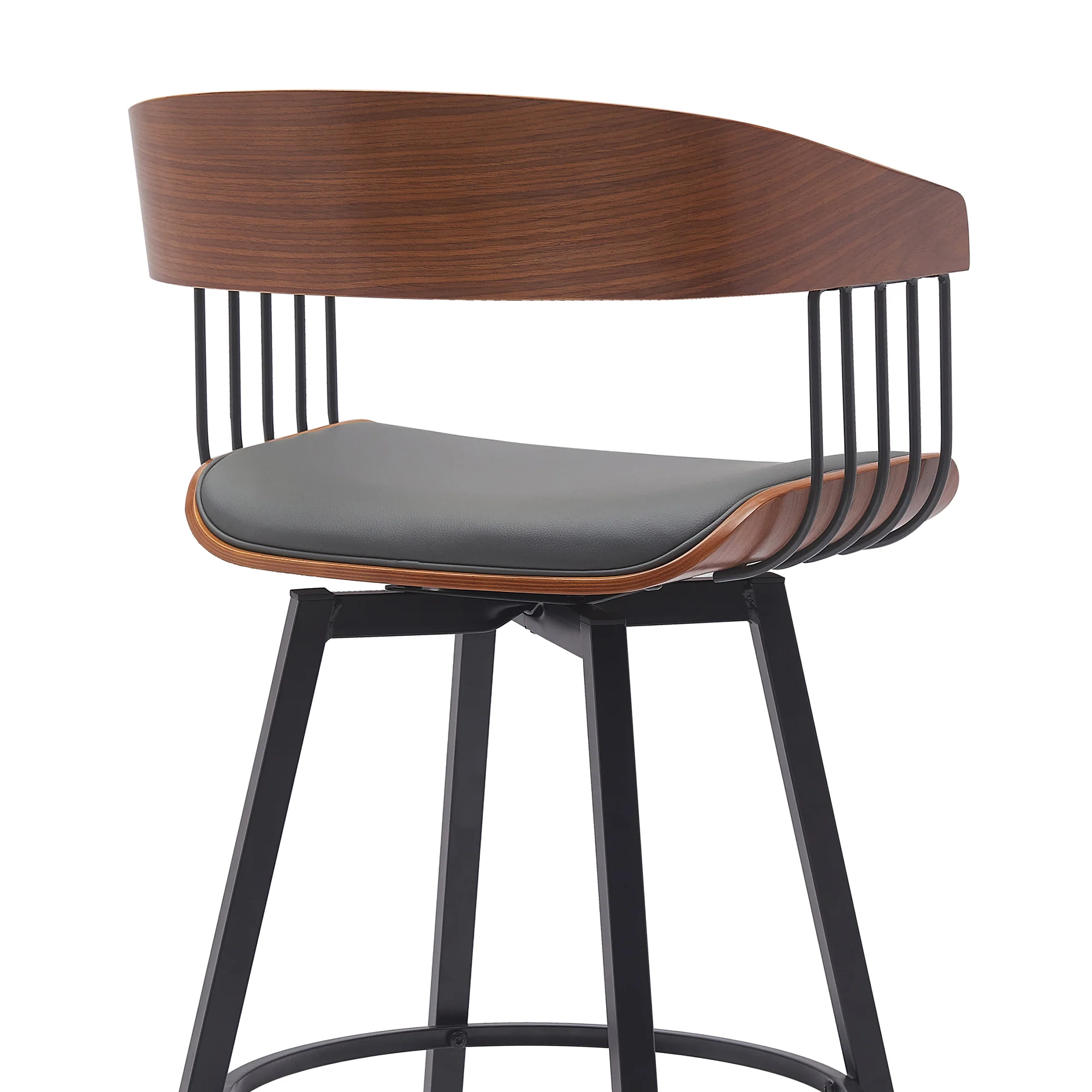 Athena 27" Swivel Walnut Wood Counter Stool in Black Faux Leather with Black Metal By Armen Living - Image 21