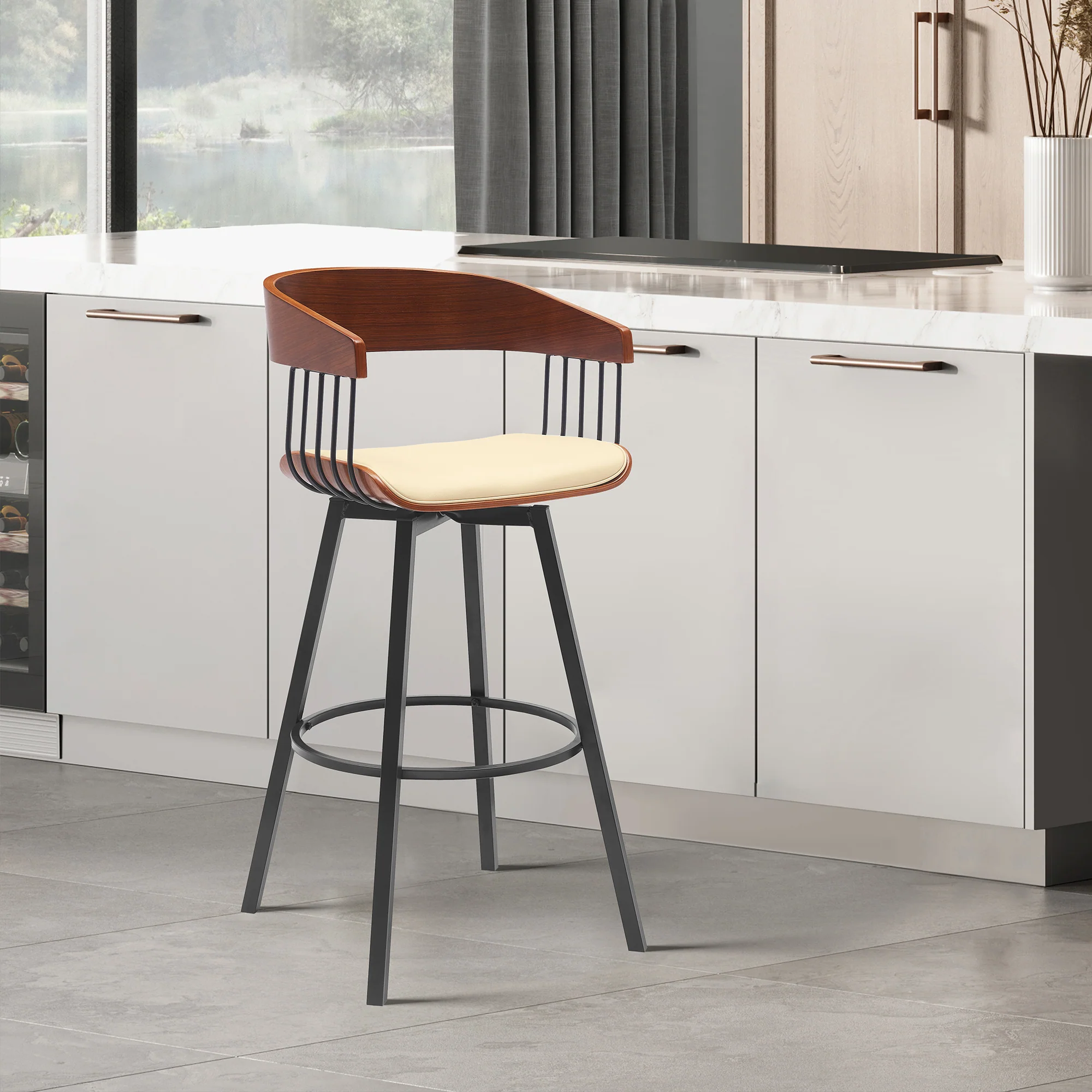 Athena 27" Swivel Walnut Wood Counter Stool in Black Faux Leather with Black Metal By Armen Living - Image 9