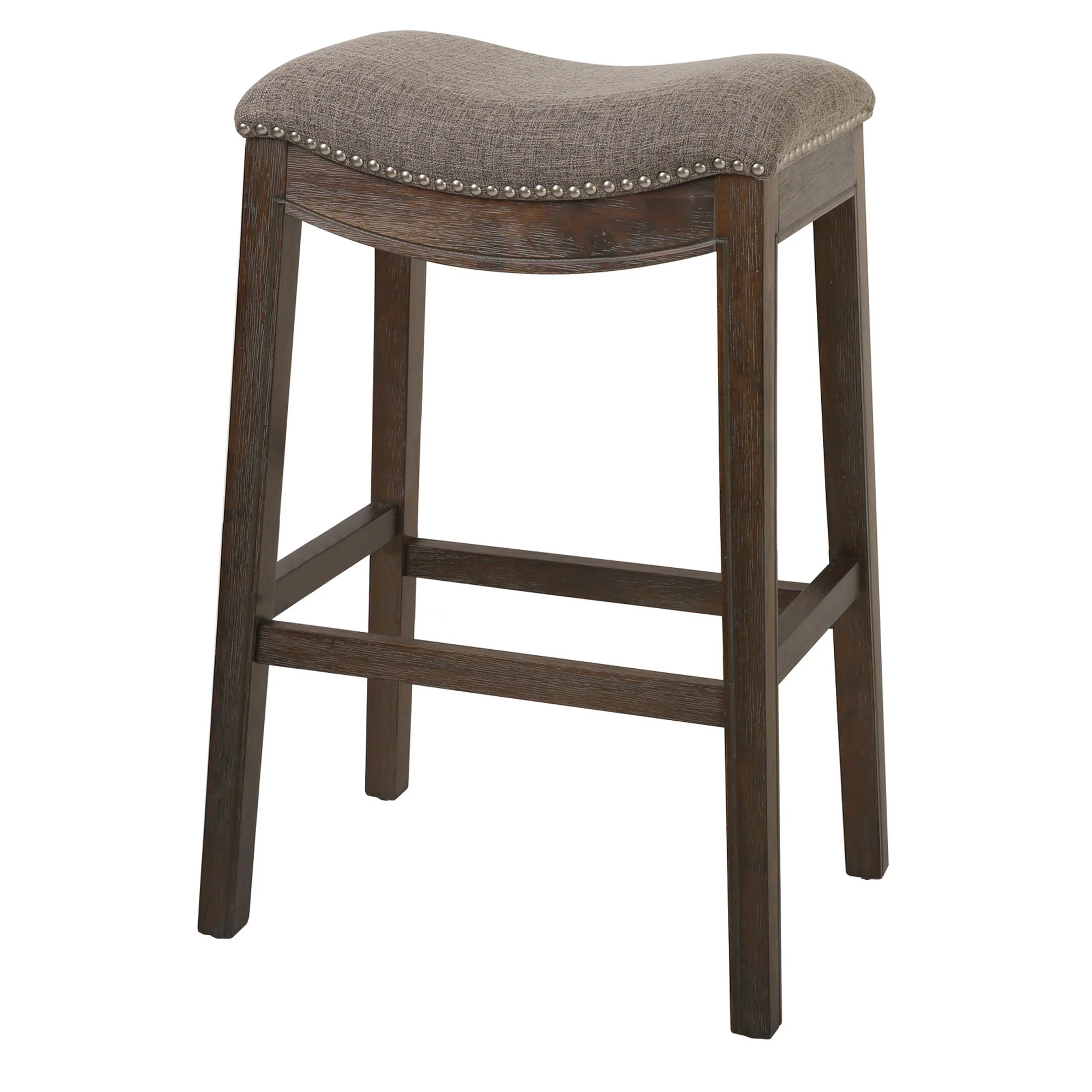 Bar Height Saddle Style Counter Stool With Taupe Fabric And Nail Head Trim By Homeroots