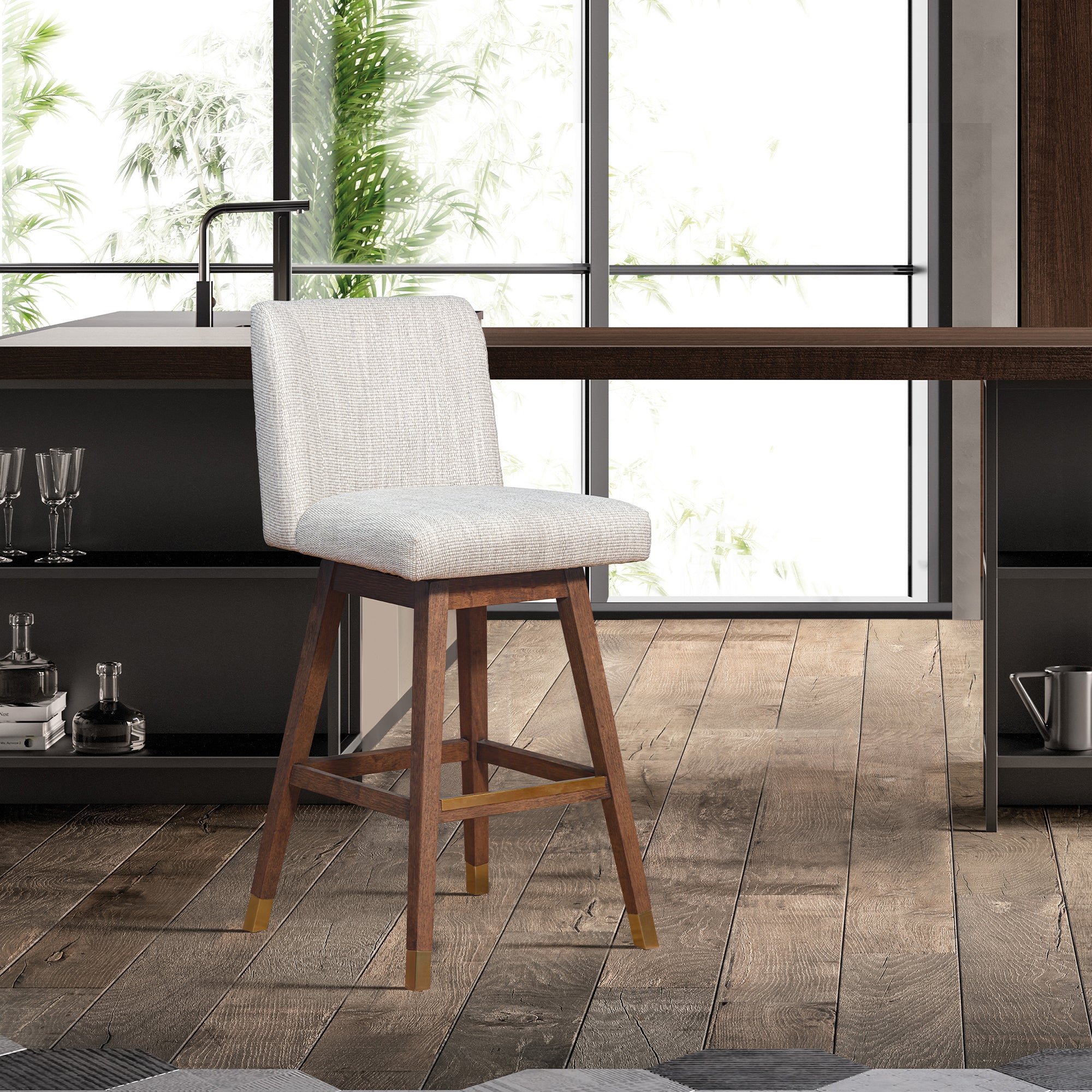 Basila Swivel Counter Stool in Brown Oak Wood Finish with Beige Fabric By Armen Living