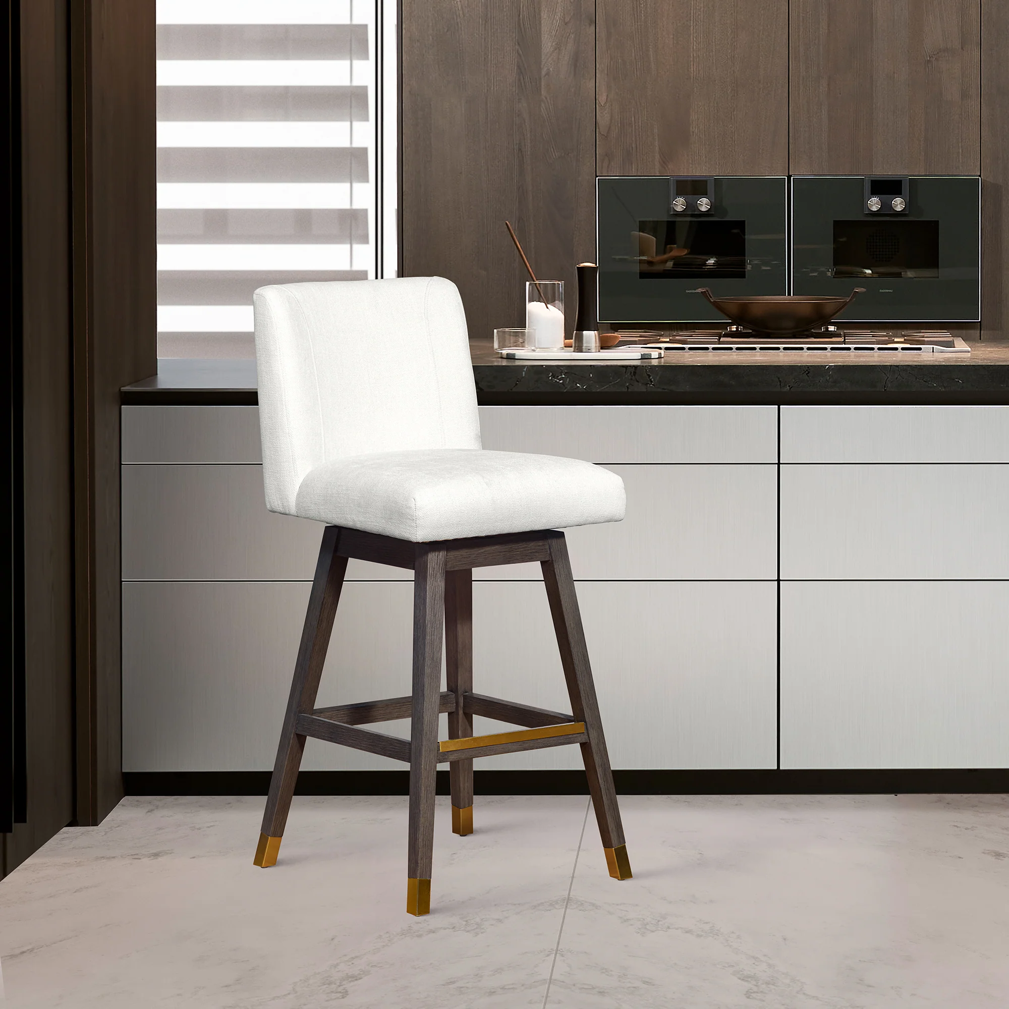 Basila Swivel Counter Stool in Grey Oak Wood Finish with Pearl Fabric By Armen Living