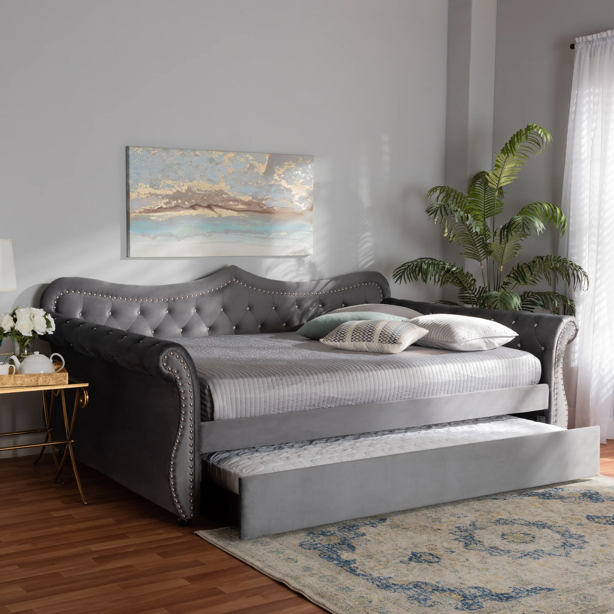 Baxton Studio Abbie Traditional and Transitional Grey Velvet Fabric Upholstered and Crystal Tufted Queen Size Daybed with Trundle