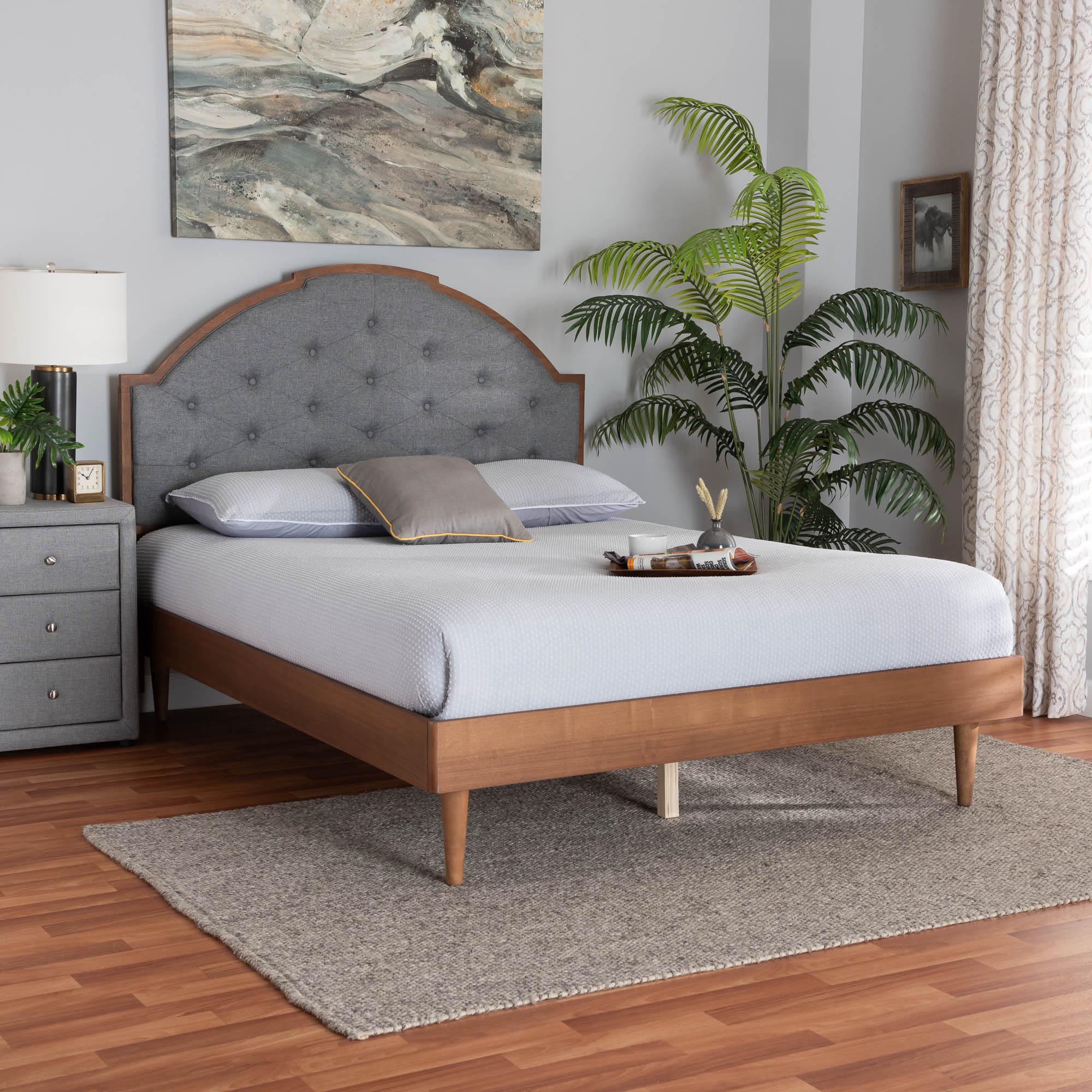 Baxton Studio Ardelle Mid-Century Modern Grey Fabric and Walnut Brown Wood Queen Size Platform Bed