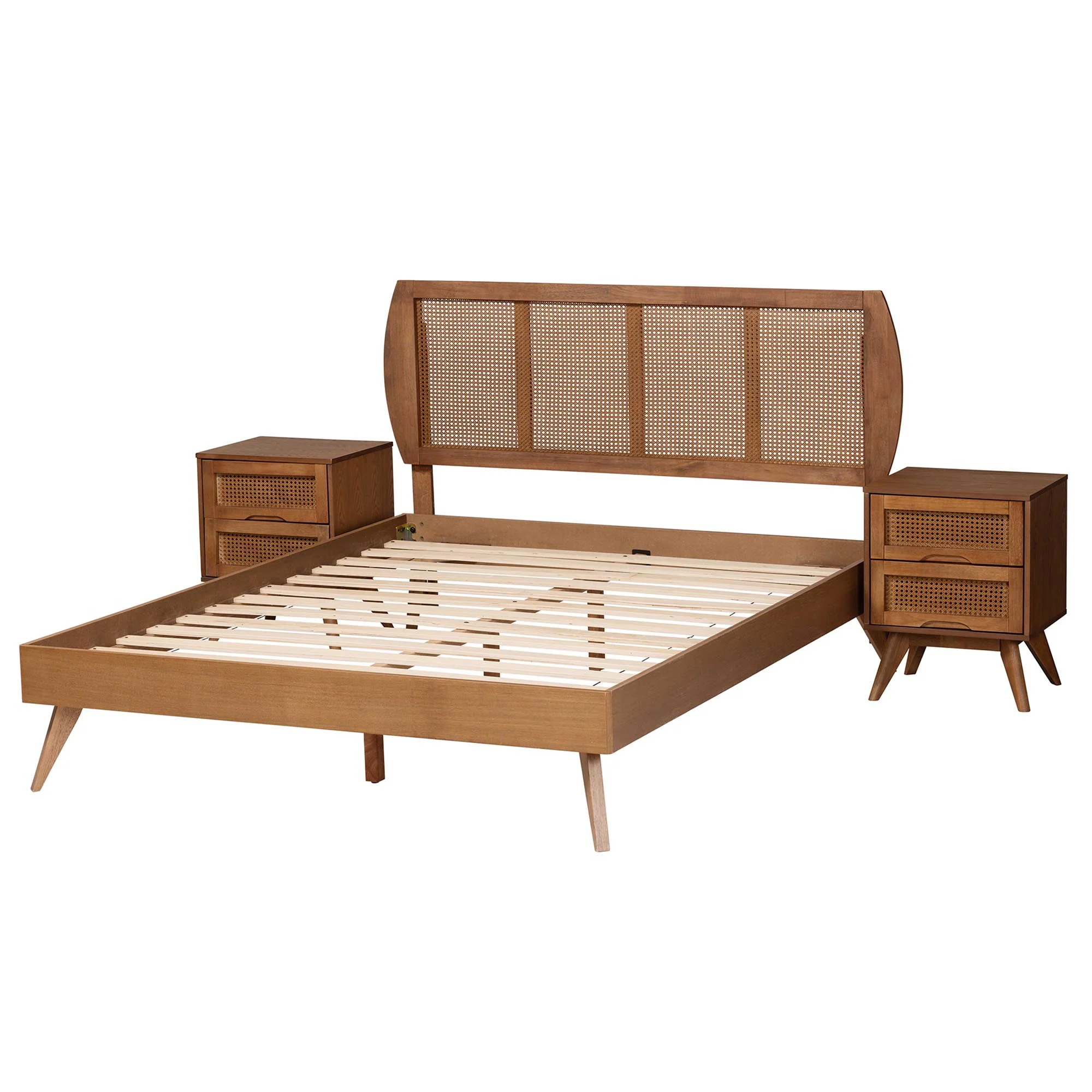 Baxton Studio Asami Mid-Century Modern Walnut Brown Finished Wood and Woven Rattan King Size 3-Piece Bedroom Set - Image 6