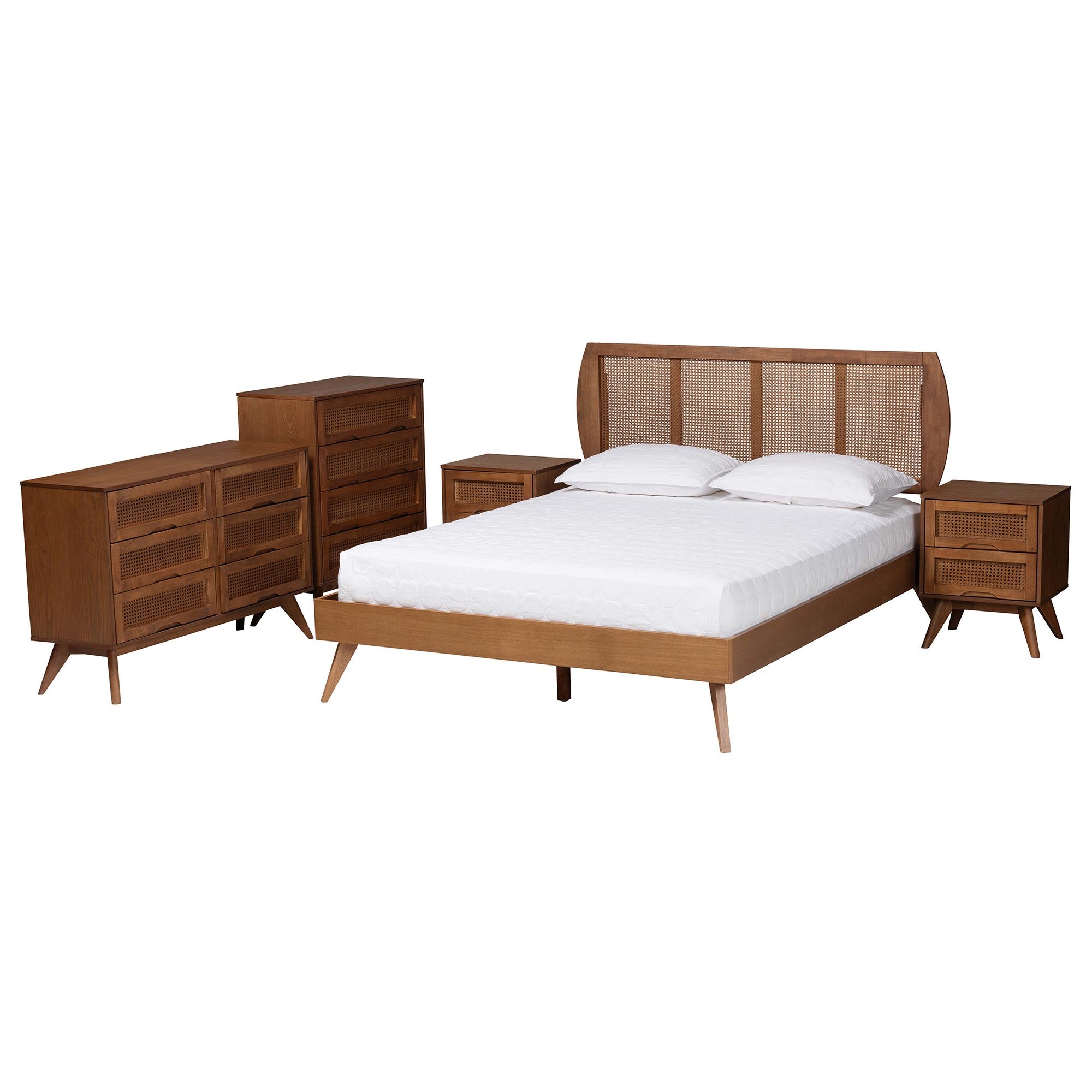 Baxton Studio Asami Mid-Century Modern Walnut Brown Finished Wood and Woven Rattan King Size 5-Piece Bedroom Set - Image 6