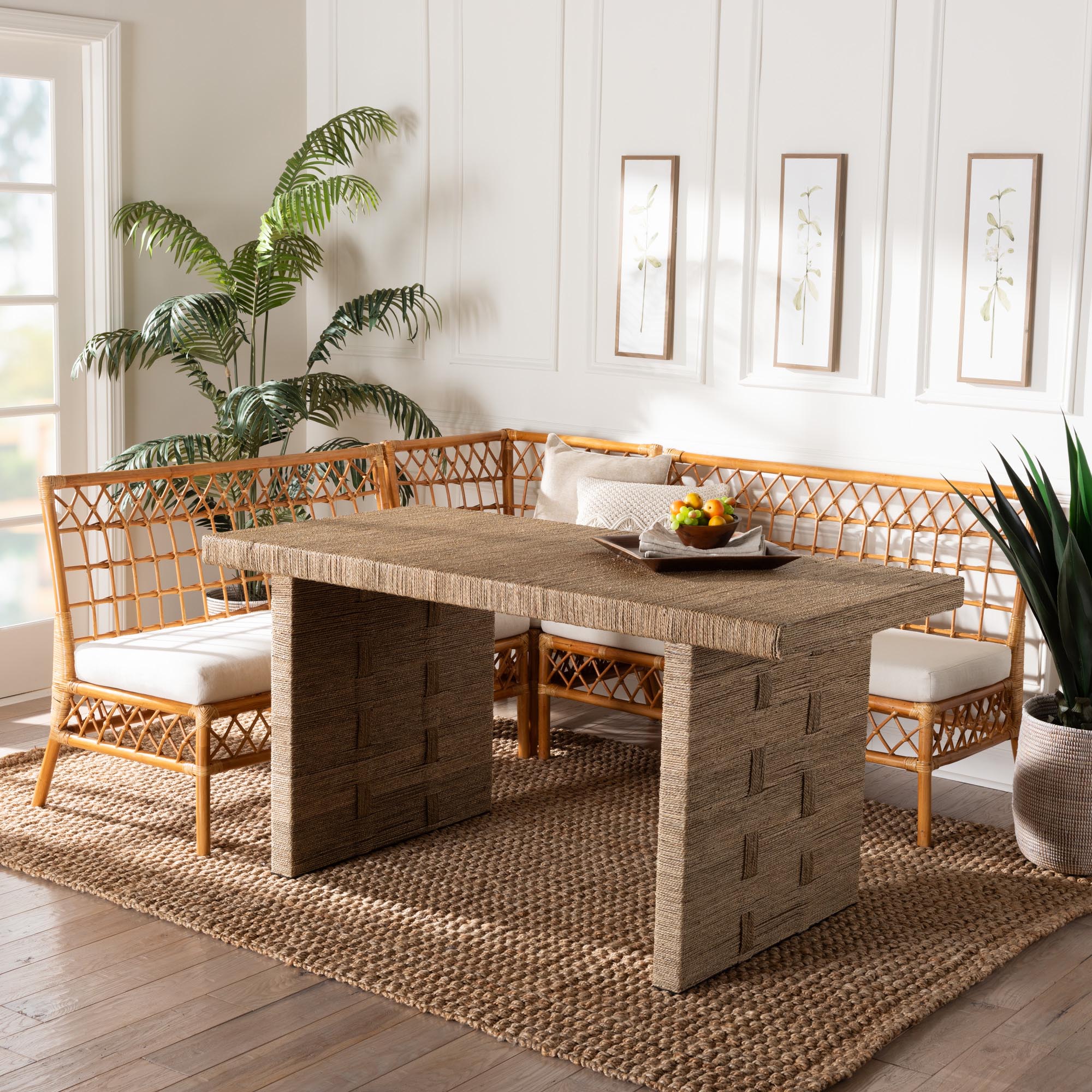 Baxton Studio bali & pari Abella Modern Bohemian Honey Rattan 4-Piece Dining Nook Set