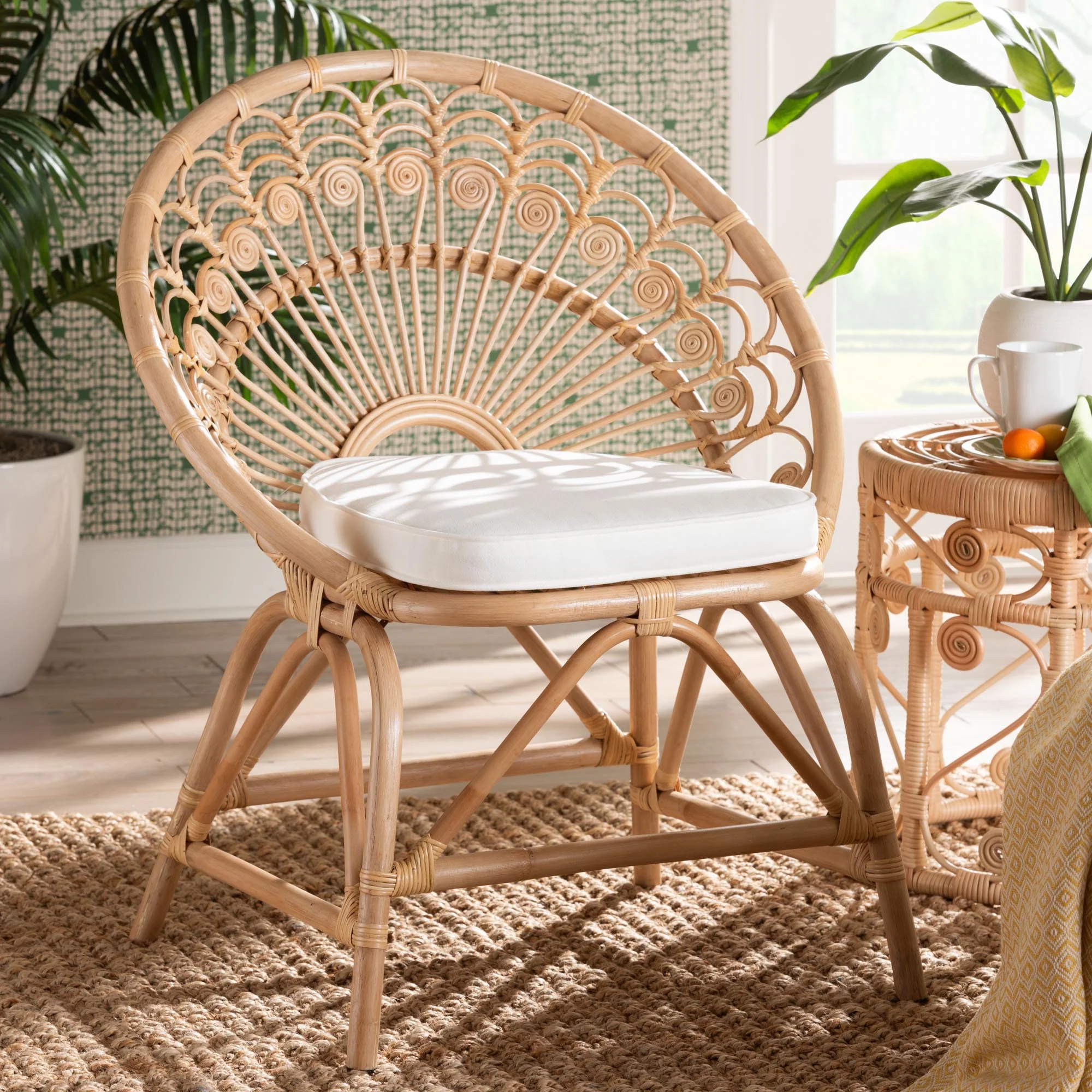 Baxton Studio bali & pari Abriella Modern Bohemian Natural Brown Rattan Peacock Accent Chair
