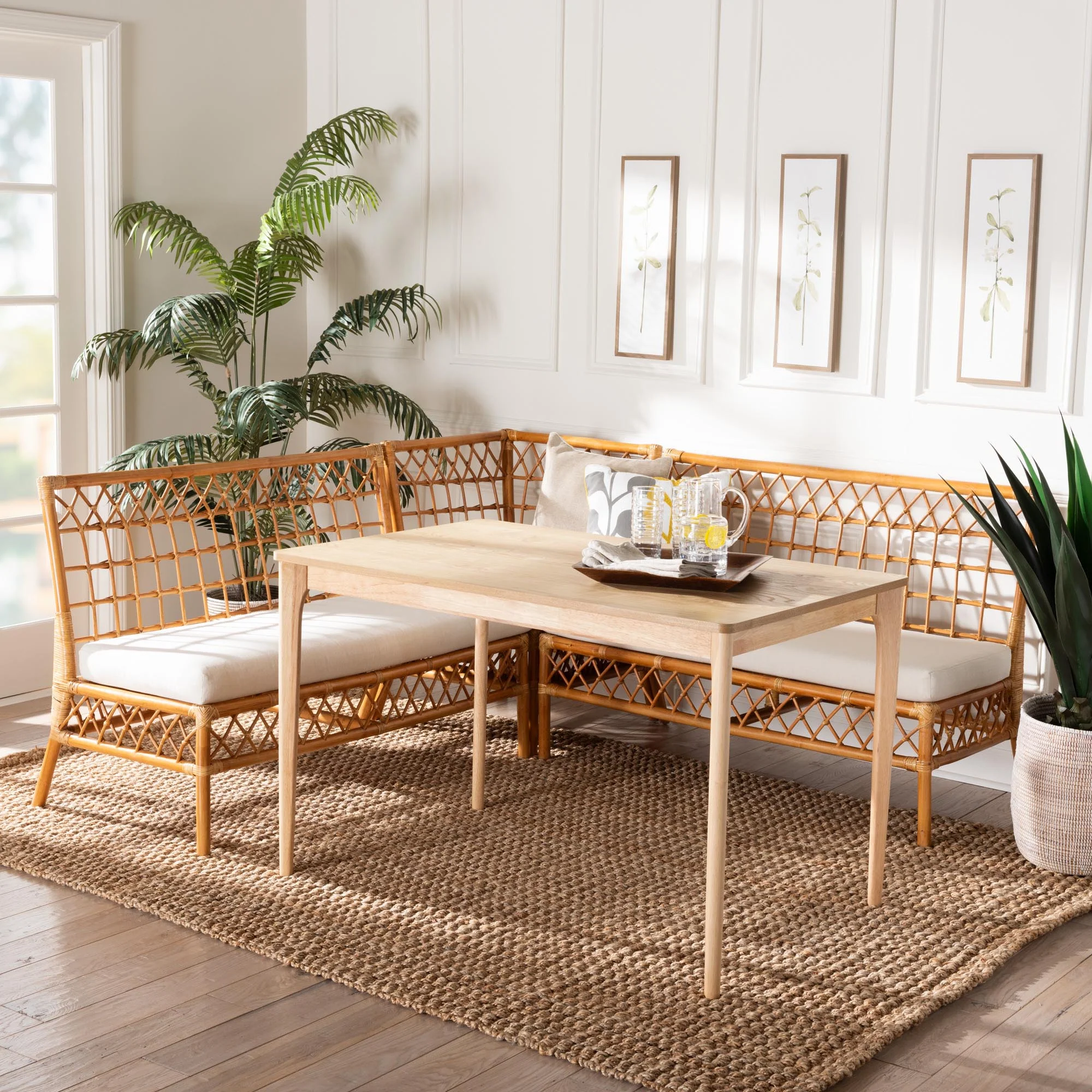Baxton Studio bali & pari Adora Modern Bohemian Honey Rattan 4-Piece Dining Nook Set