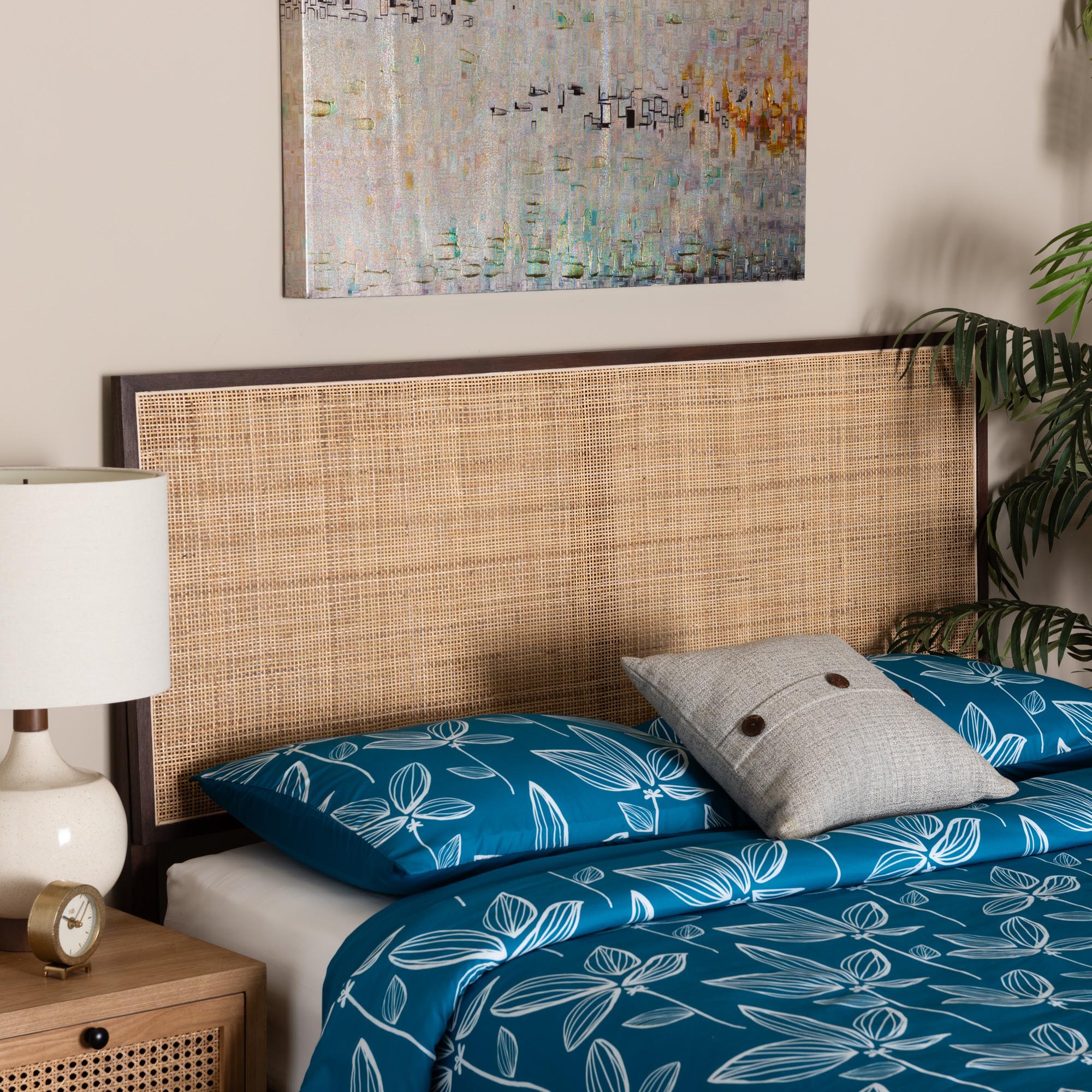 Baxton Studio bali & pari Aurelia Modern Bohemian Dark Brown Finished Bayur Wood and Natural Rattan Queen Size Headboard