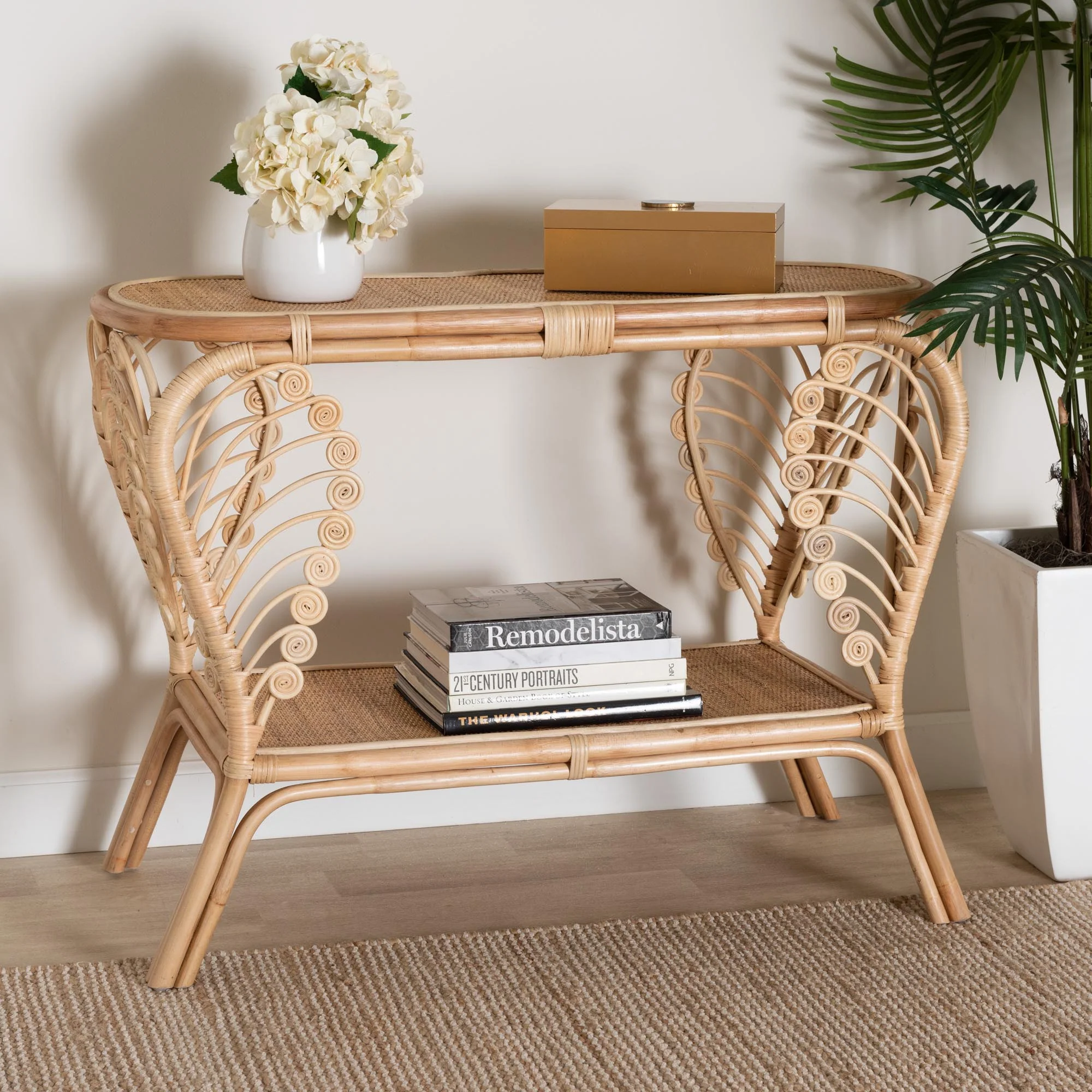 Baxton Studio bali & pari Bastet Modern Bohemian Natural Brown Rattan 2-Tier Console Table