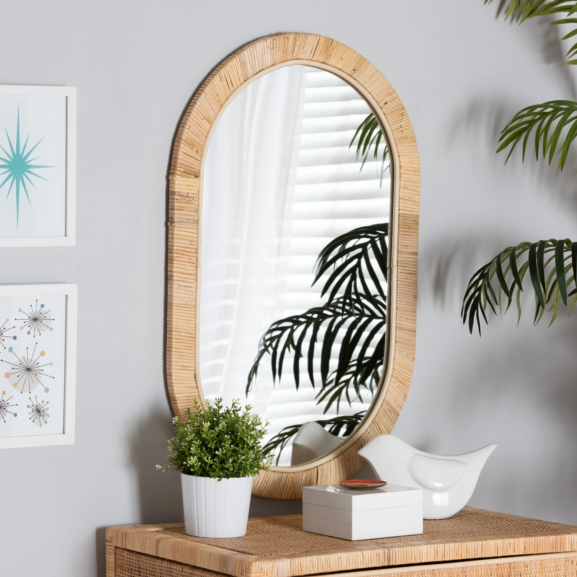 Baxton Studio bali & pari Bella Modern Bohemian Natural Brown Mahognay Wood and Natural Rattan Oval Mirror