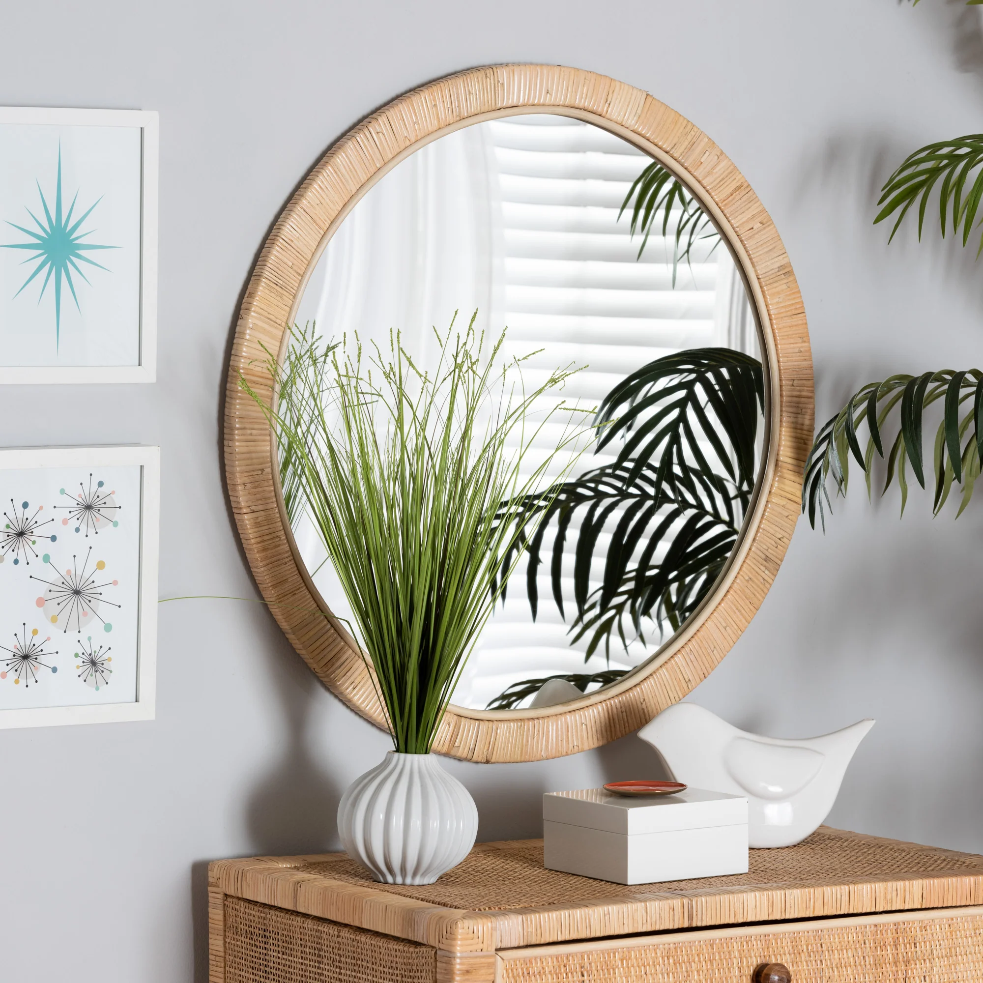 Baxton Studio bali & pari Bella Modern Bohemian Natural Brown Mahognay Wood and Natural Rattan Round Mirror