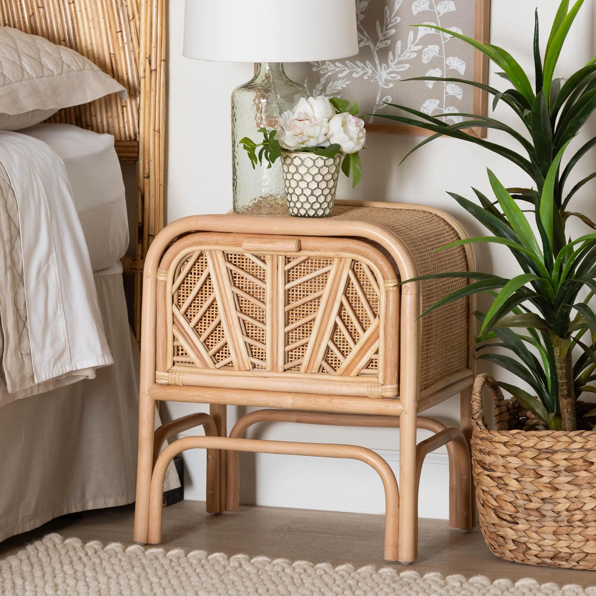 Baxton Studio bali & pari Carabella Bohemian Natural Rattan 1-Drawer Nightstand