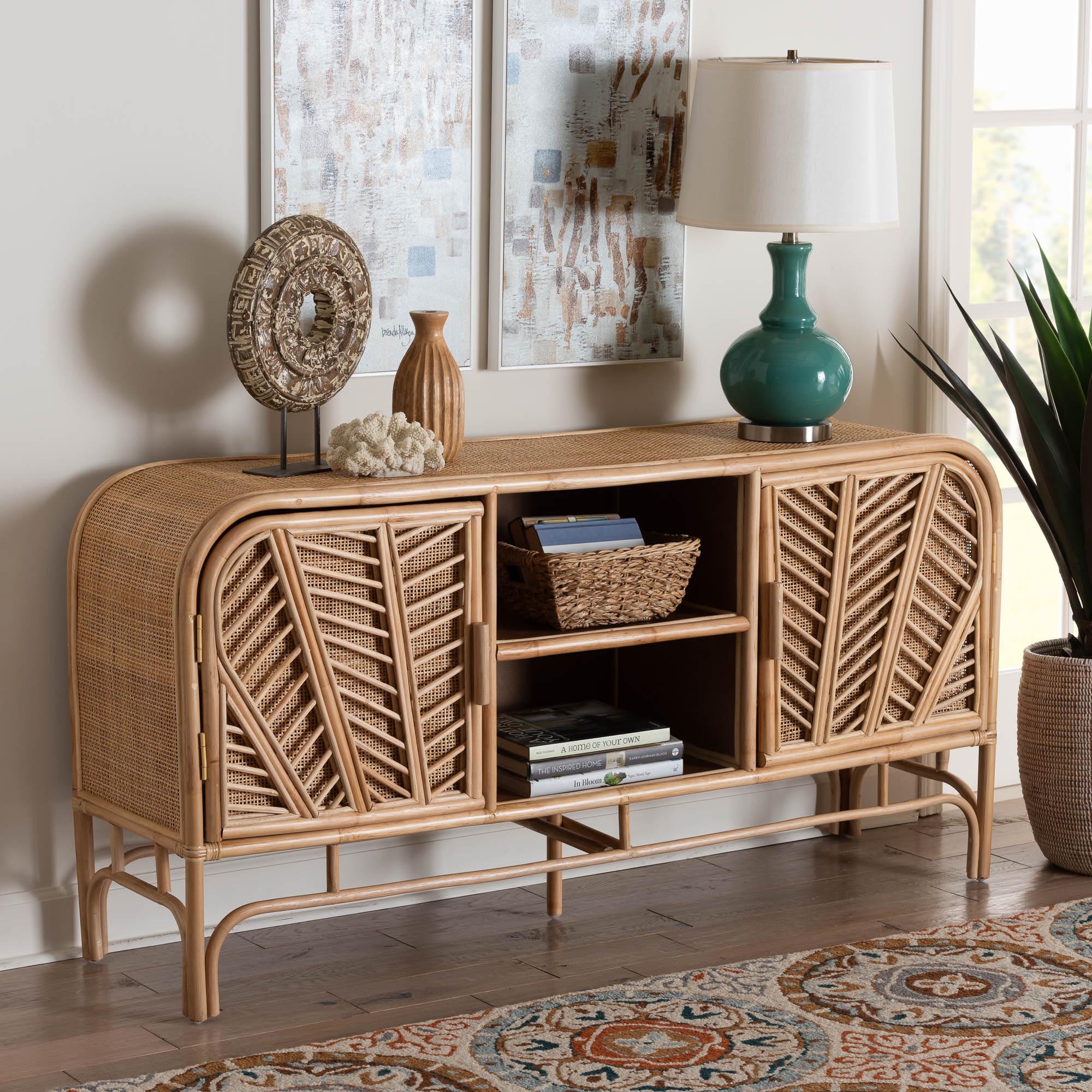 Baxton Studio bali & pari Carabella Bohemian Natural Rattan 2-Door Storage Cabinet
