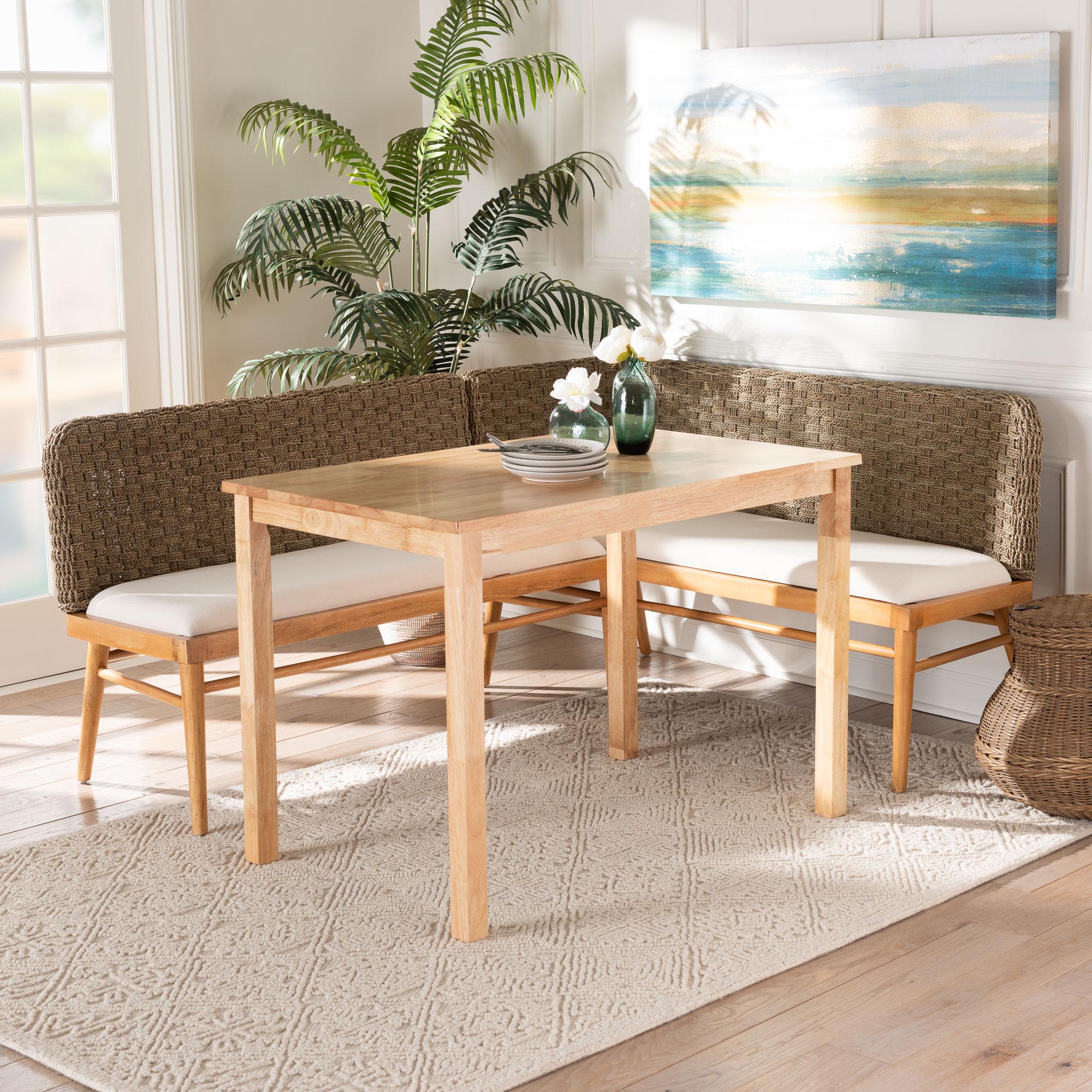 Baxton Studio bali & pari Denver Modern Bohemian Natural Seagrass and Acacia Wood 3-Piece Dining Nook Set