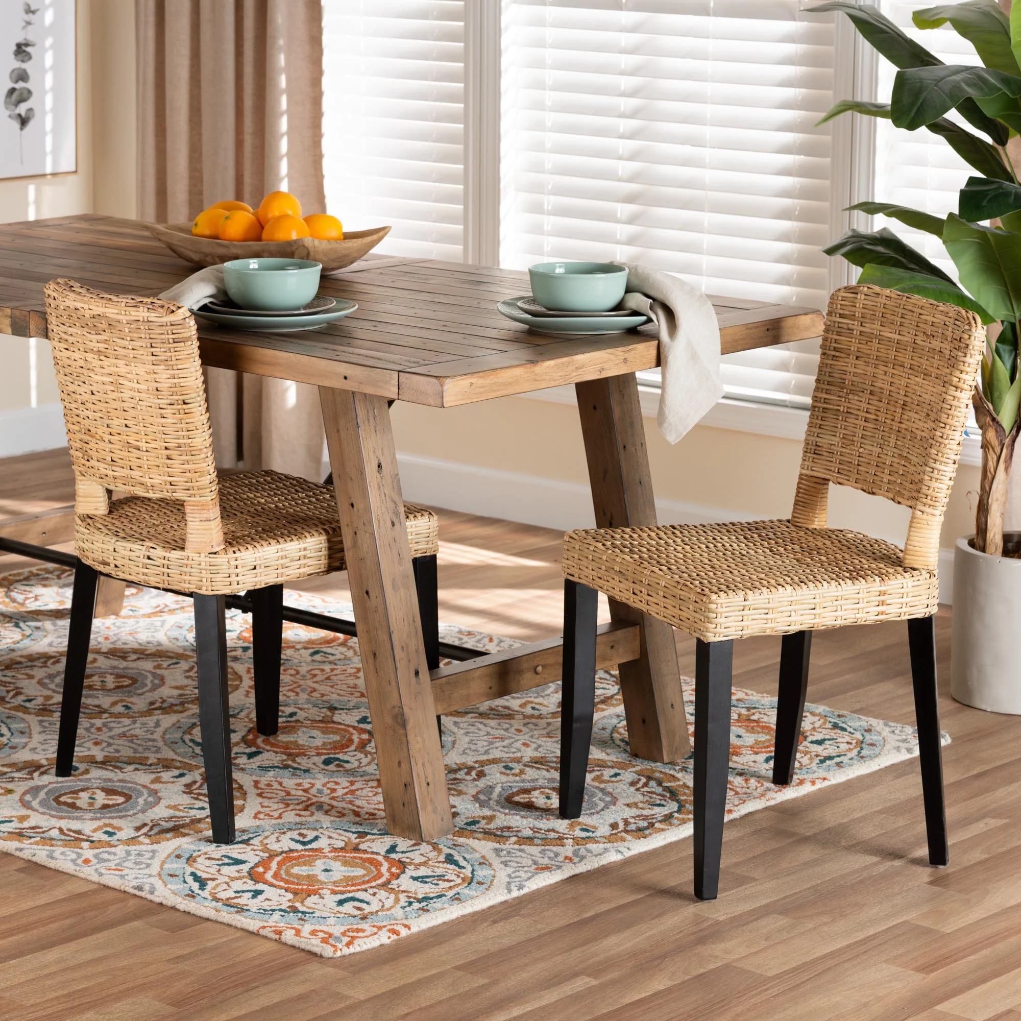 Baxton Studio bali & pari Dermot Modern Bohemian Dark Brown Finished Wood and Natural Rattan 2-Piece Dining Chair Set