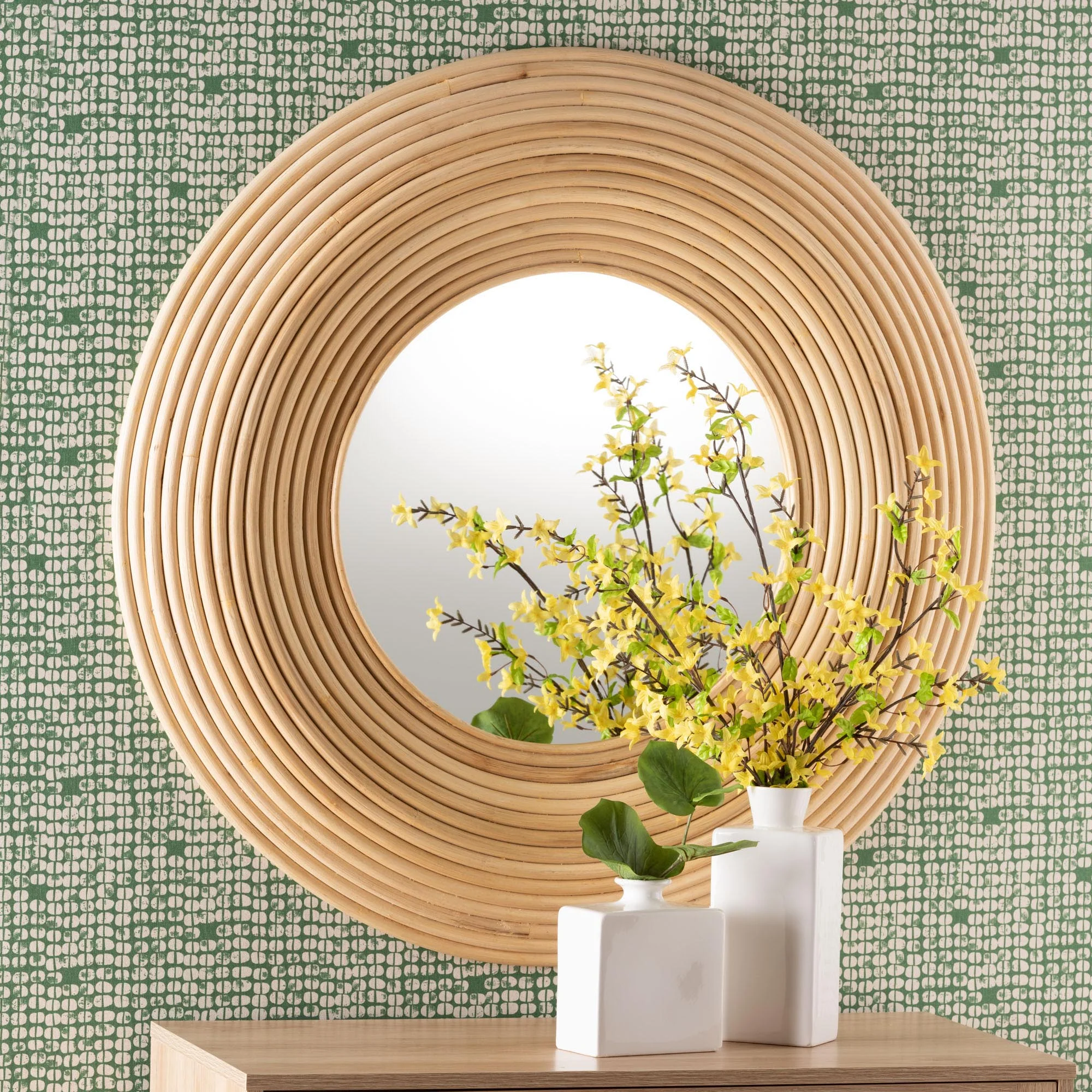Baxton Studio bali & pari Drucilla Modern Bohemian Natural Brown Rattan Round Accent Wall Mirror