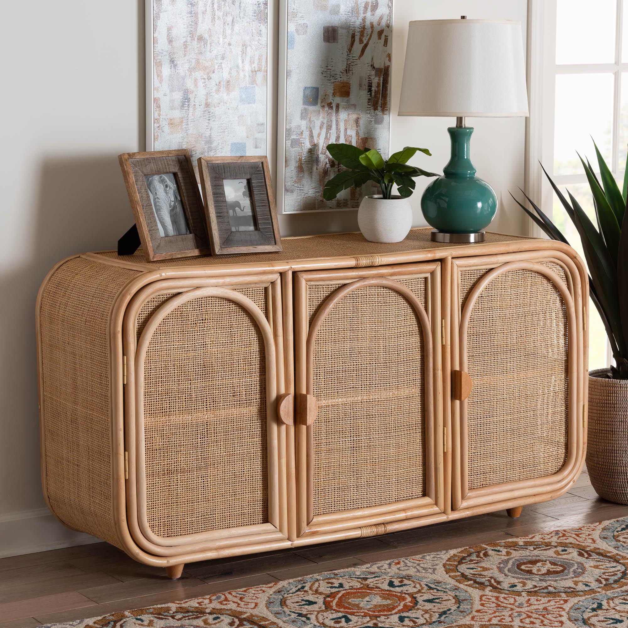 Baxton Studio bali & pari Evania Bohemian Natural Rattan 3-Door Storage Cabinet