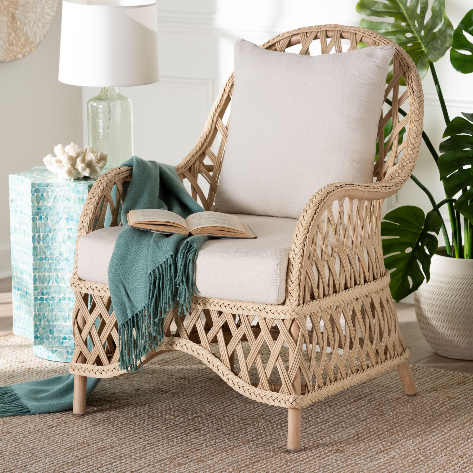 Baxton Studio bali & pari Florence Bohemian Ivory Braided Rattan Arm Chair
