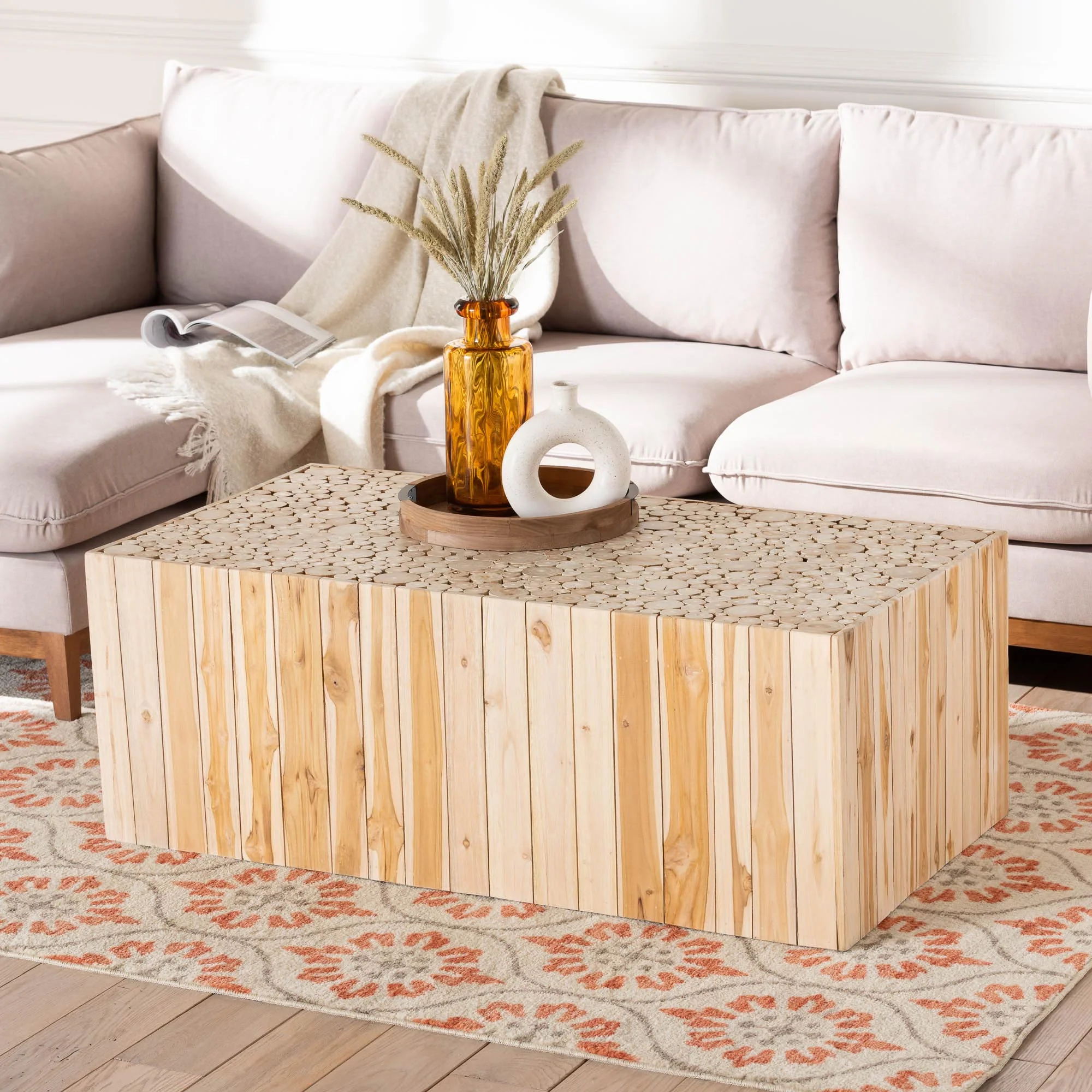 Baxton Studio bali & pari Grayson Bohemian Natural Teak Wood Coffee Table with Unique Repurposed Wood Logs