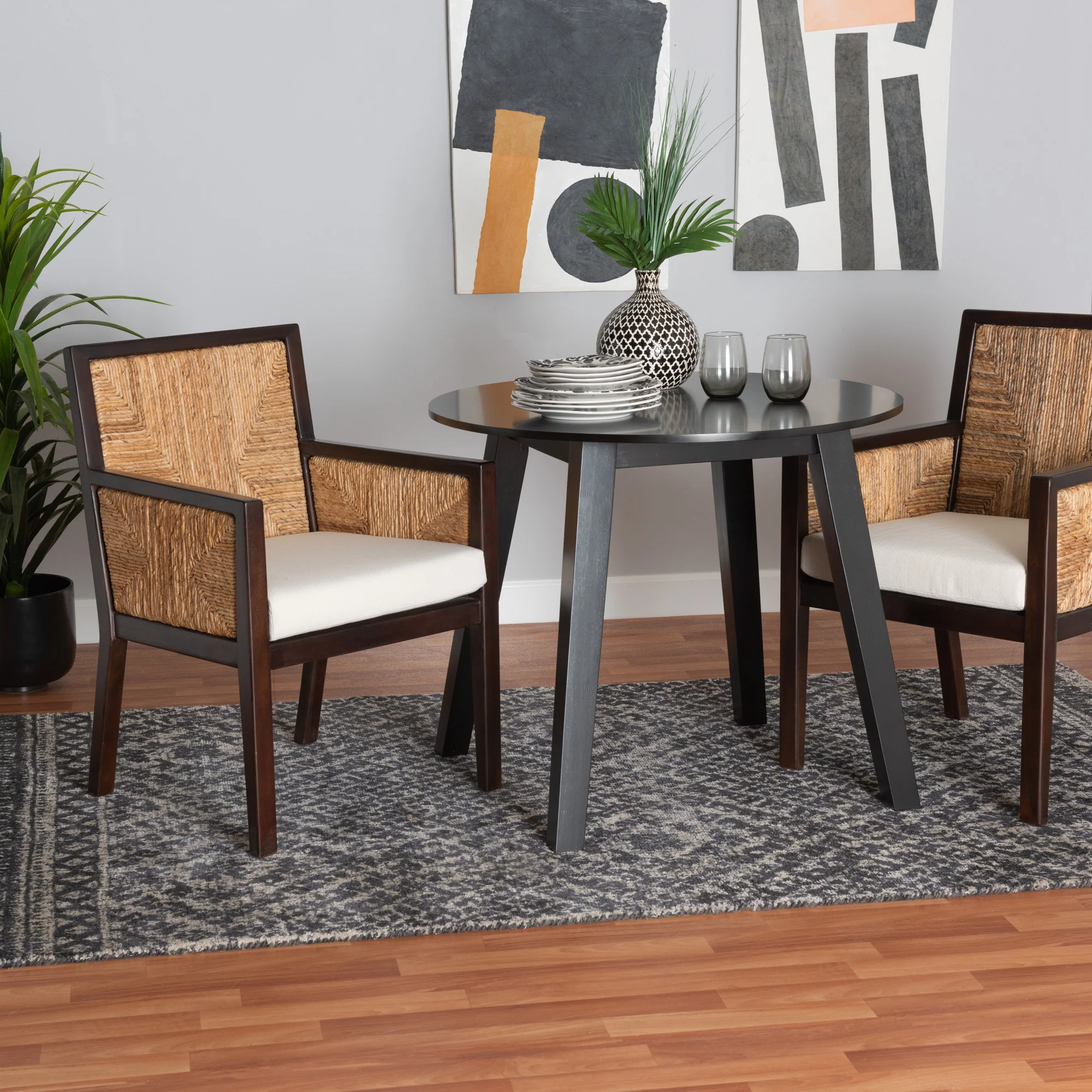 Baxton Studio bali & pari Joana Modern Bohemian Dark Brown Mahogany Wood and Natural Seagrass Dining Arm Chair