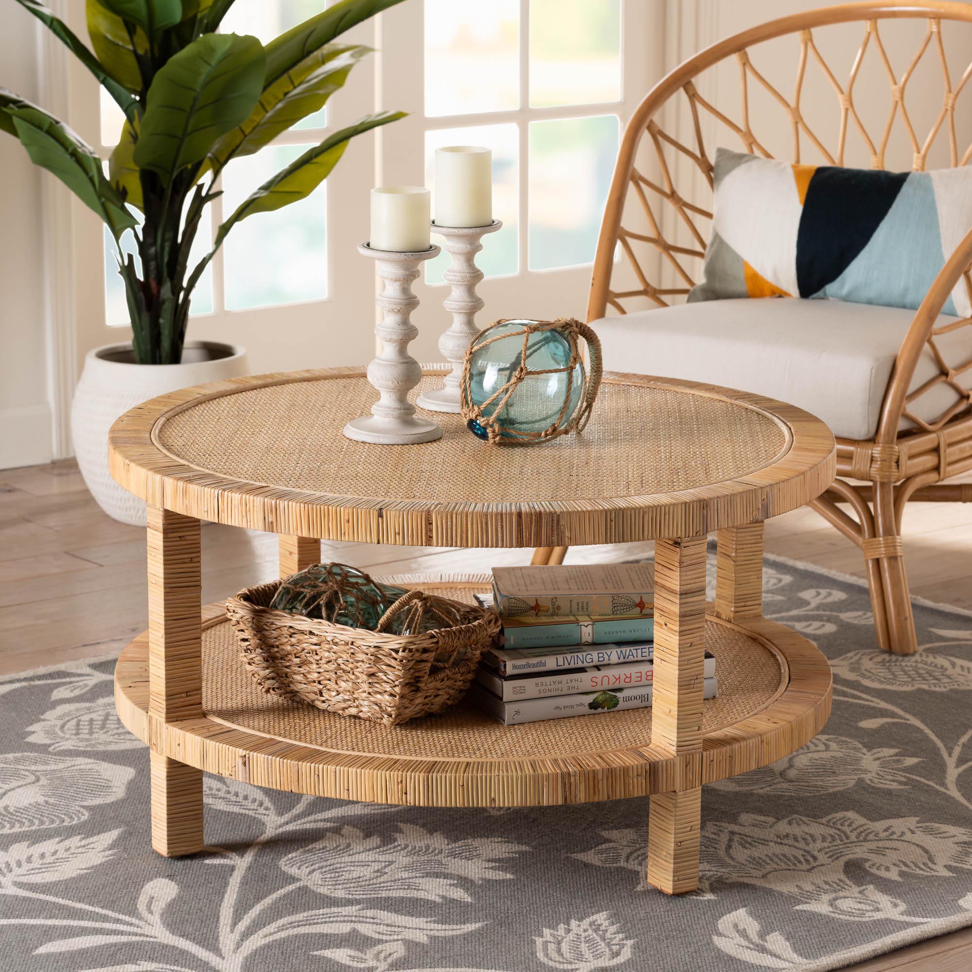 Baxton Studio bali & pari Kalimantan Bohemian Light Honey Rattan and Mahogany Wood Coffee Table