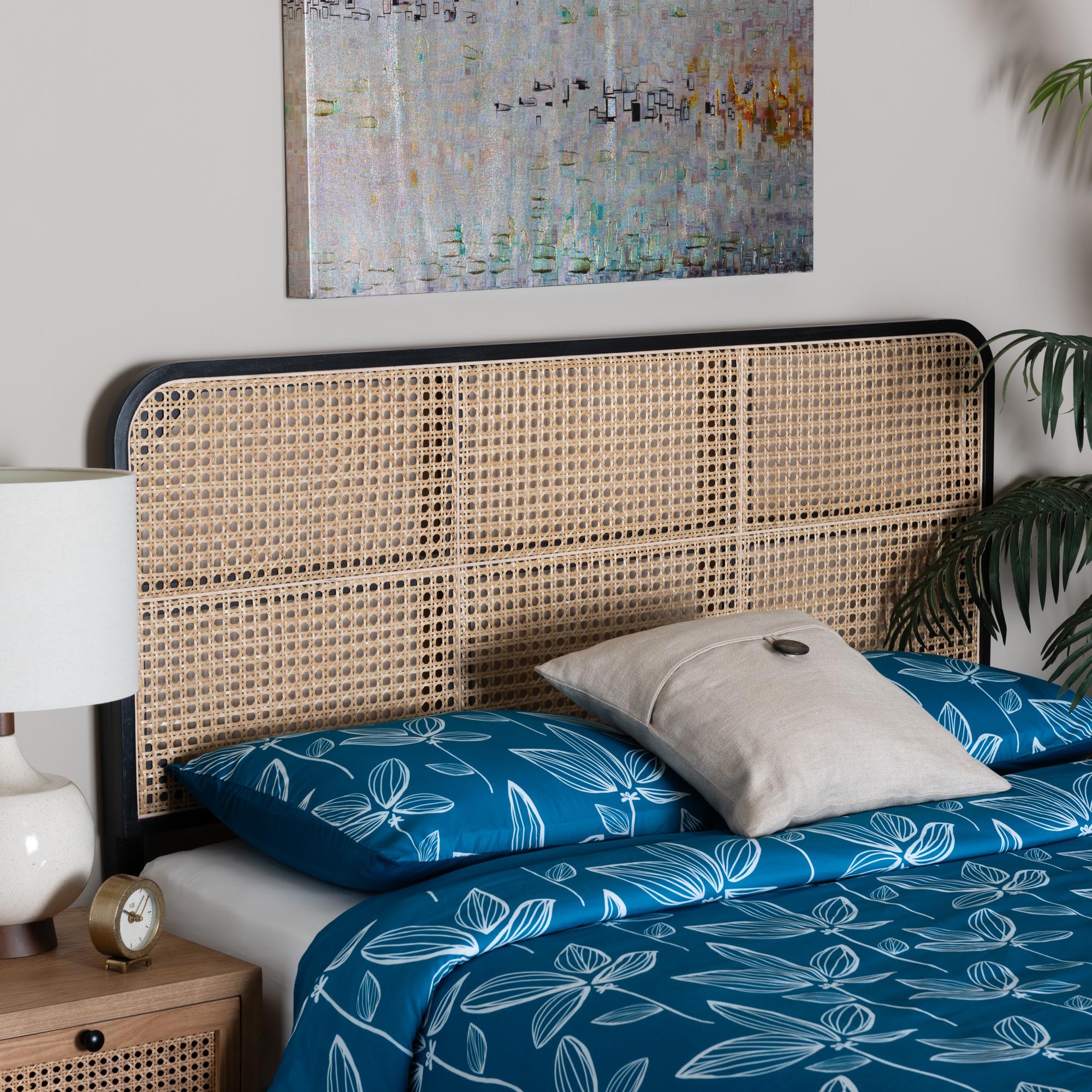 Baxton Studio bali & pari Lainer Modern Bohemian Black Finished Bayur Wood and Natural Bamboo Queen Size Headboard
