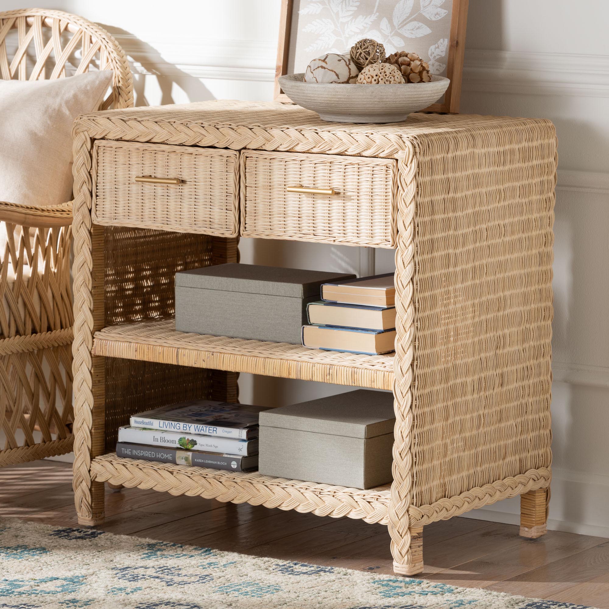 Baxton Studio bali & pari Lanica Japandi Sun Bleached Rattan 2-Drawer Console Table