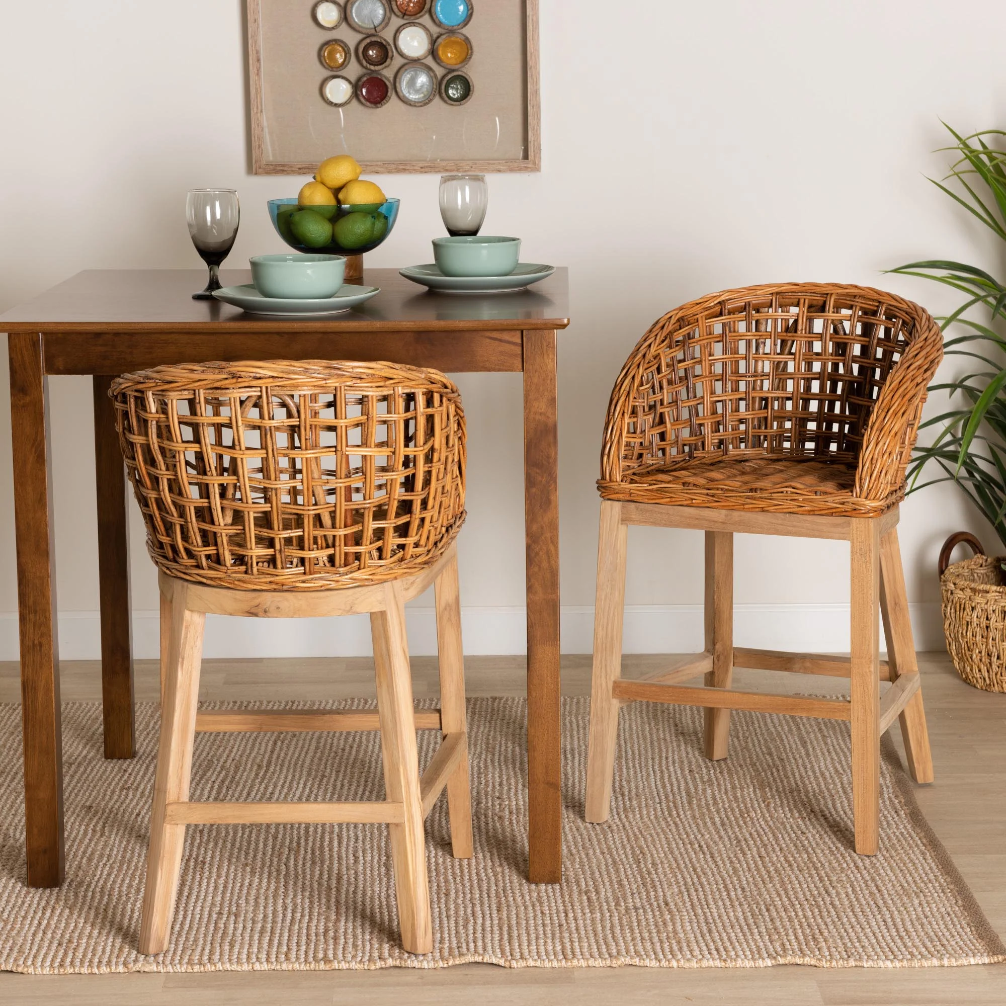 Baxton Studio bali & pari Mario Modern Bohemian Natural Brown Finished Teak Wood and Rattan 2-Piece Counter Stool Set
