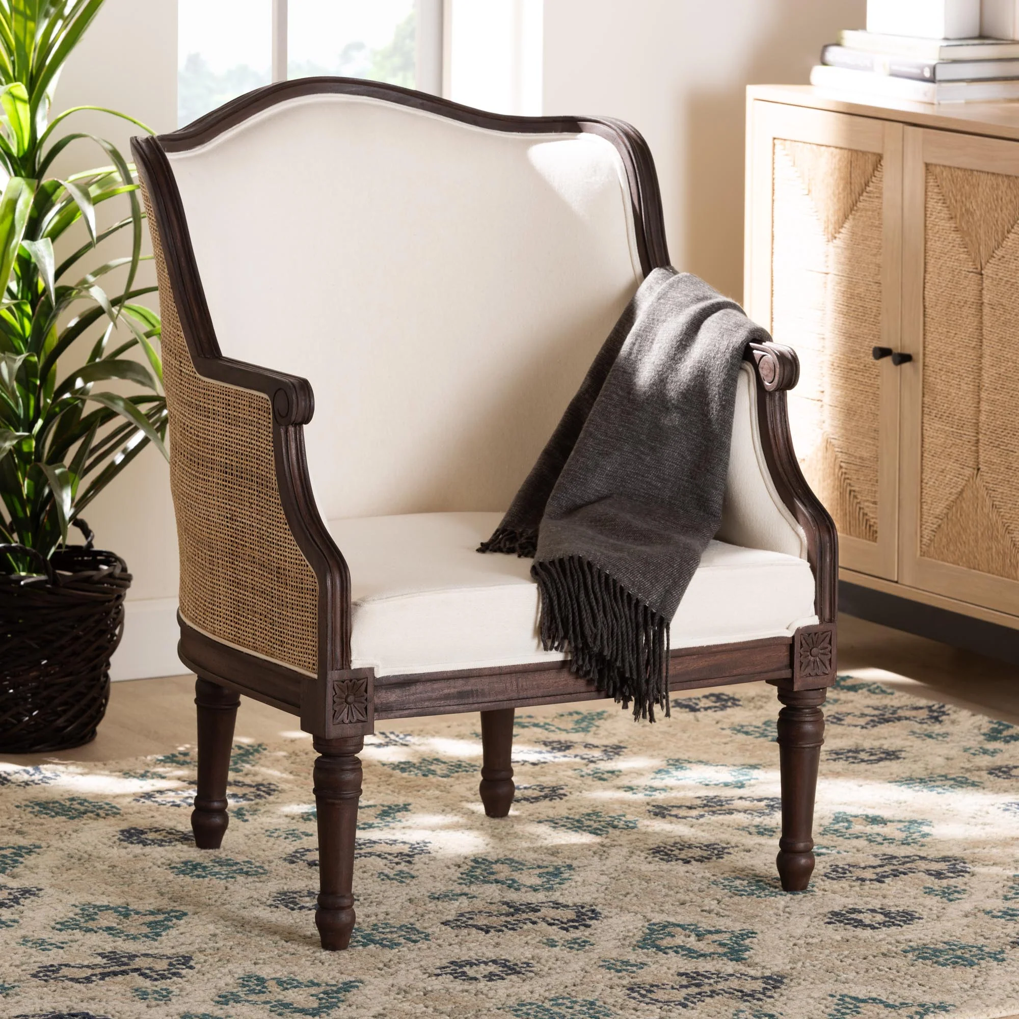 Baxton Studio bali & pari Ornella Traditional French Beige Fabric and Dark Brown Finished Wood Accent Chair
