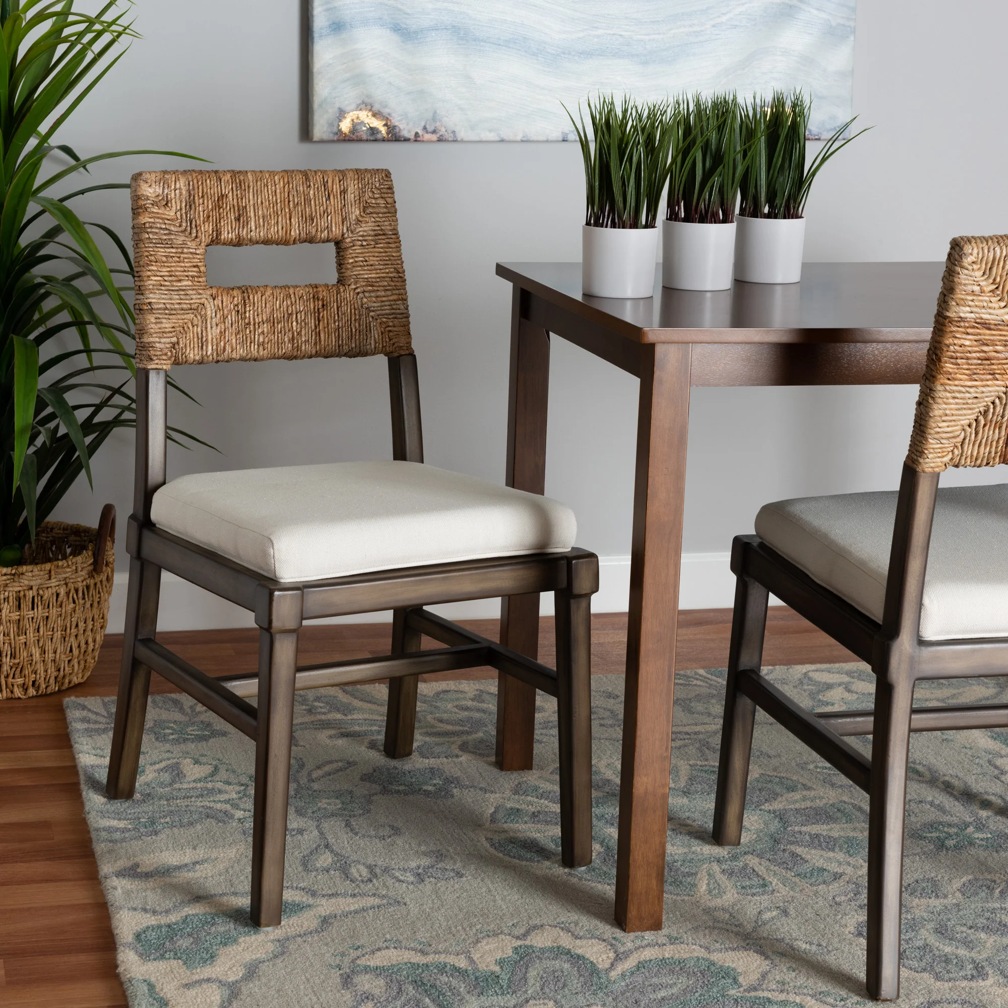 Baxton Studio bali & pari Porsha Modern Bohemian Dark Brown Finished Mahogany Wood and Natural Rattan Dining Chair