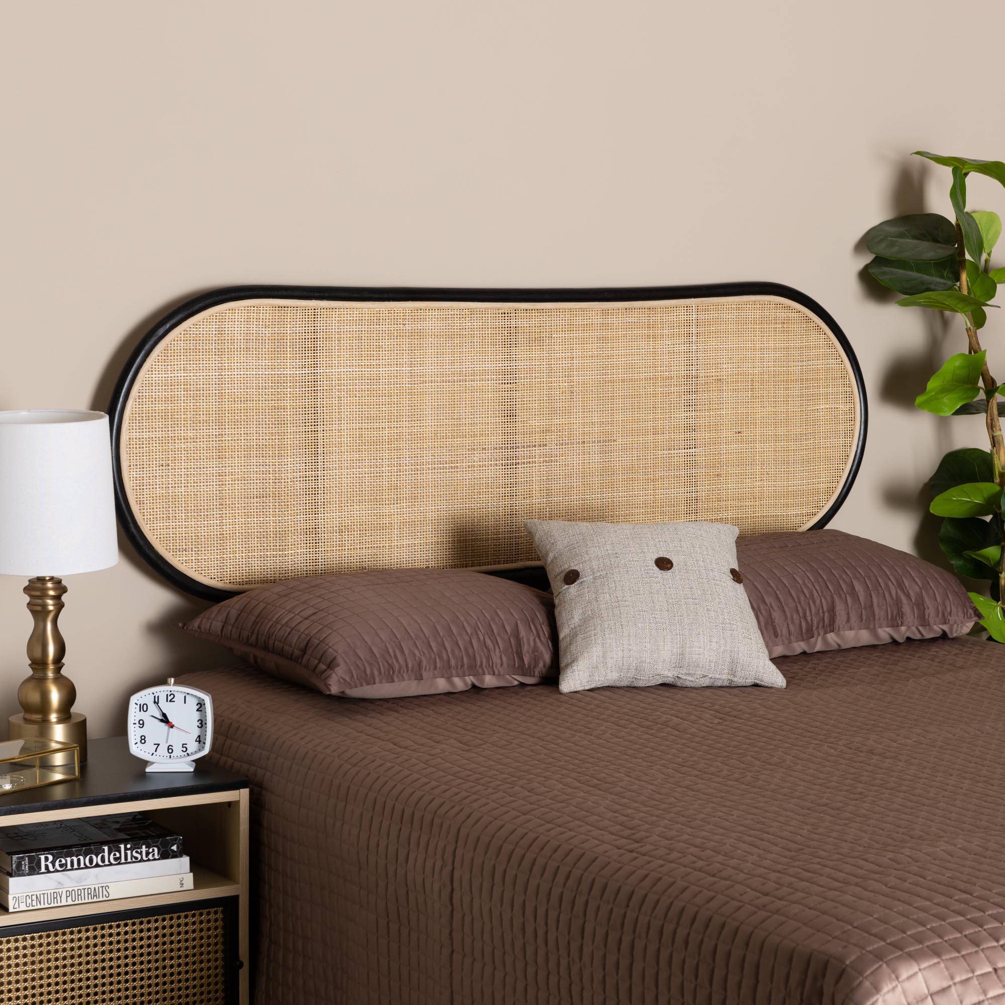 Baxton Studio bali & pari Reegan Modern Bohemian Two-Tone Black and Natural Brown Rattan Queen Size Standalone Headboard