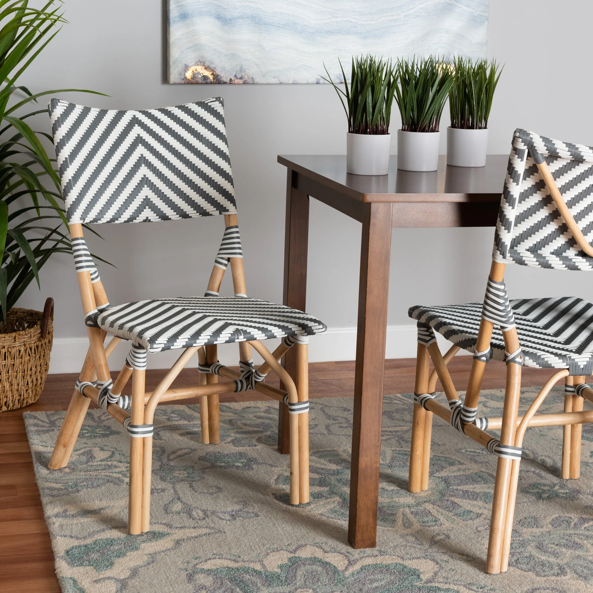Baxton Studio bali & pari Shai Modern French Grey and White Weaving and Natural Rattan Bistro Chair
