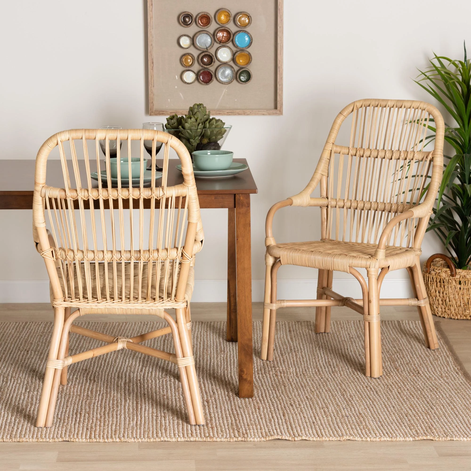 Baxton Studio bali & pari Sumatera Modern Bohemian Natural Brown Rattan 2-Piece Dining Chair Set