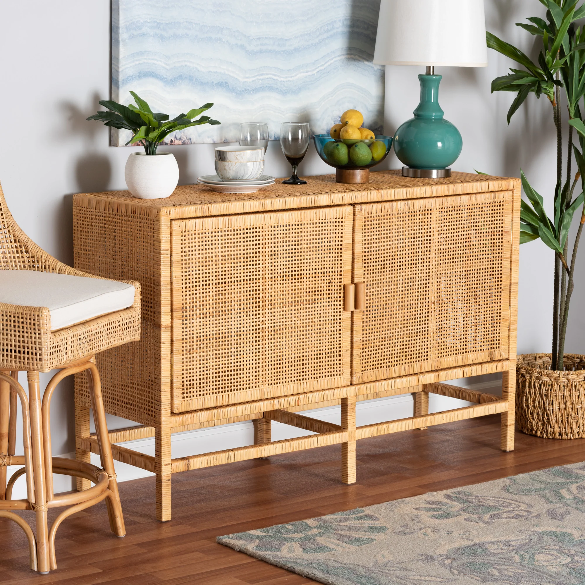 Baxton Studio bali & pari Vivan Modern Bohemian Natural Brown Rattan and Mahogany Wood Storage Cabinet